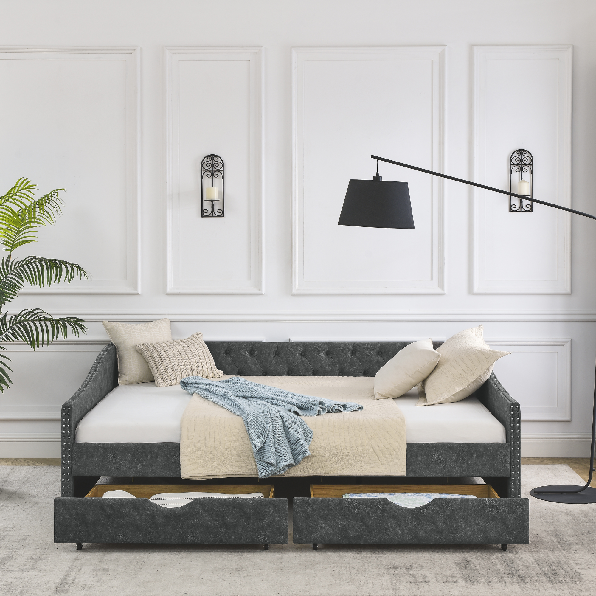 Queen Size Daybed with Drawers Upholstered Tufted Sofa Bed,,with Button on Back and Copper Nail on Waved Shape Arms, Grey (84.5"x63.5"x26.5") - Image 4