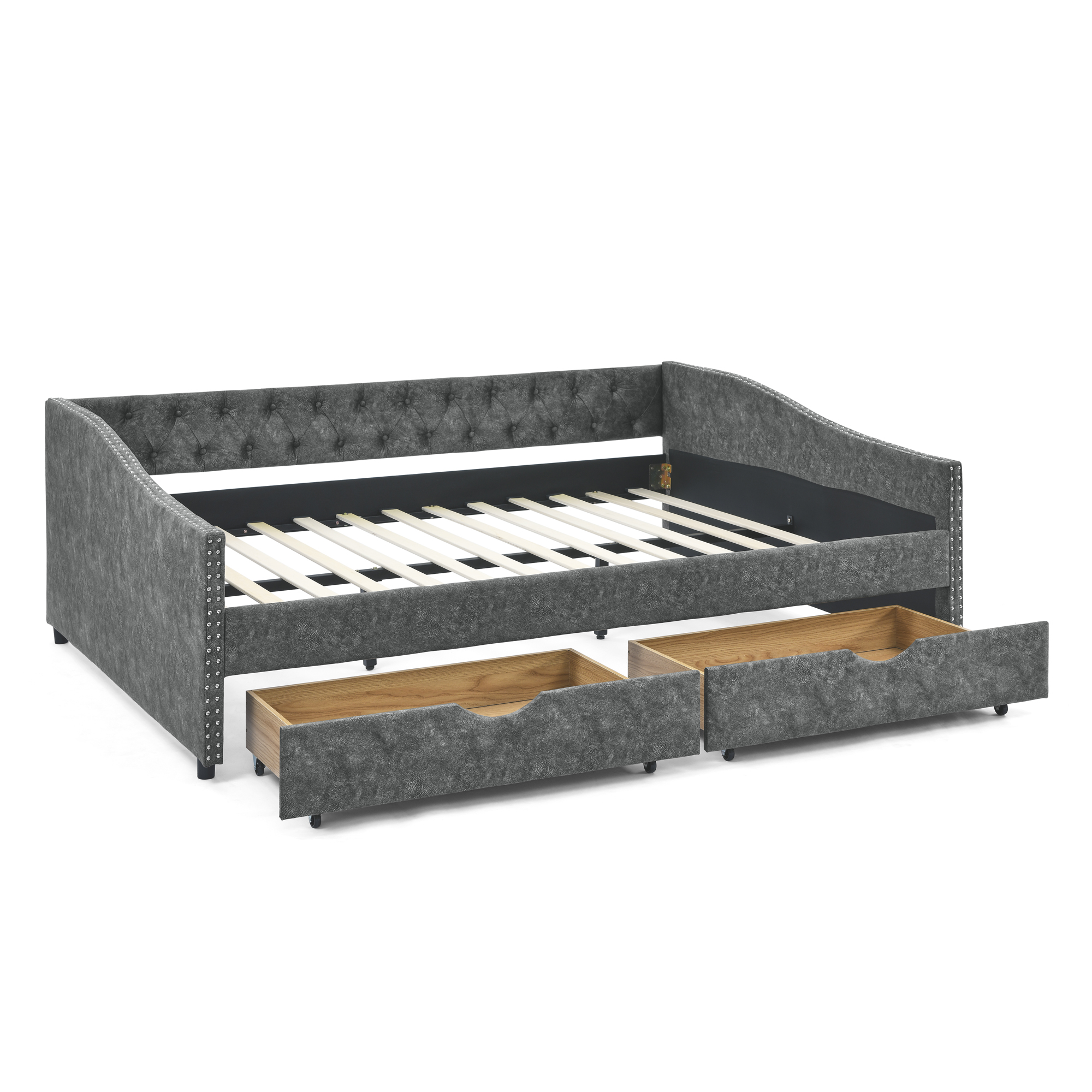 Queen Size Daybed with Drawers Upholstered Tufted Sofa Bed,,with Button on Back and Copper Nail on Waved Shape Arms, Grey (84.5"x63.5"x26.5") - Image 6