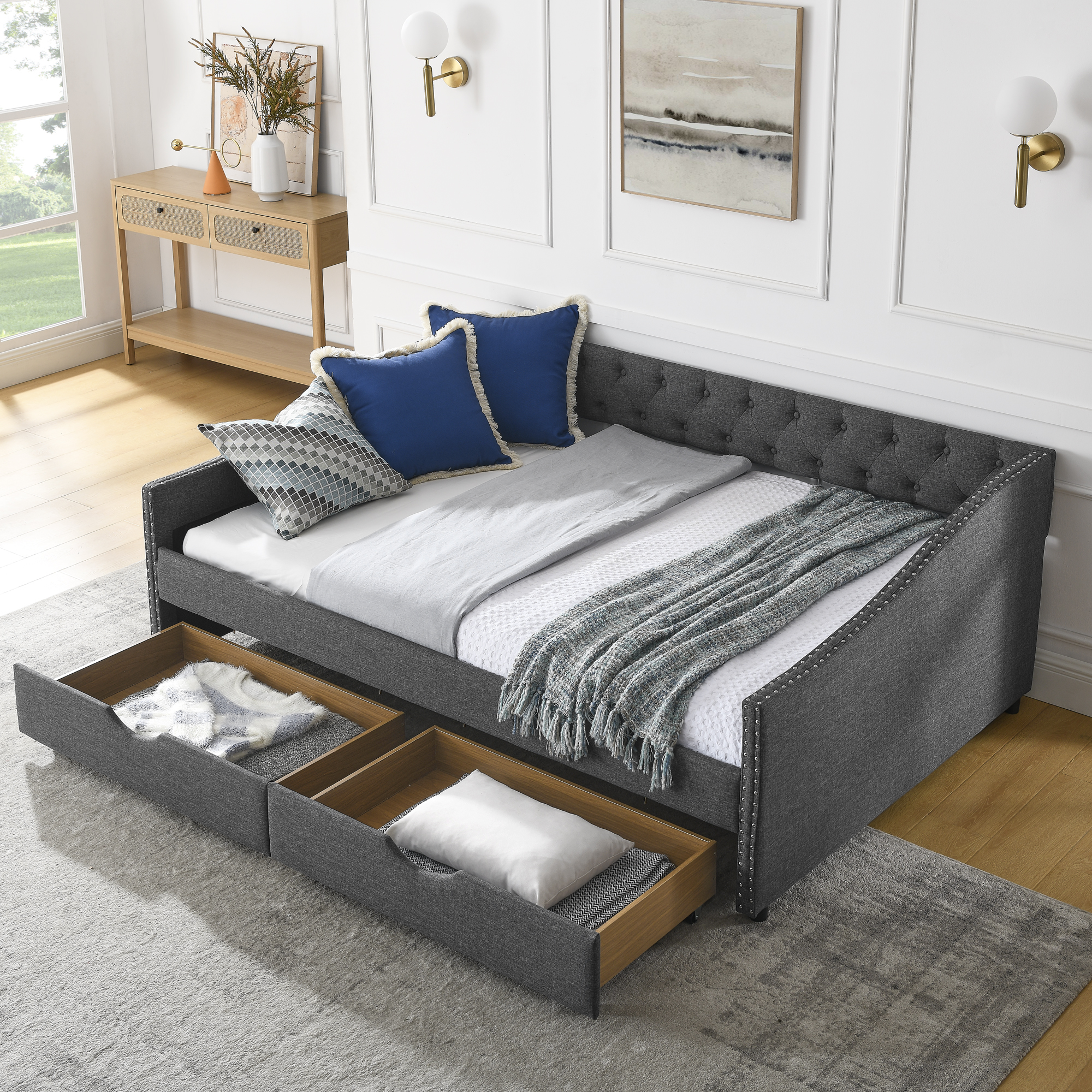 Full Size Daybed with Drawers Upholstered Tufted Sofa Bed, with Button on Back and Copper Nail on Waved Shape Arms (80.5''x55.5''x27.5'') (OLD SKU: W1413S00032) - Image 2