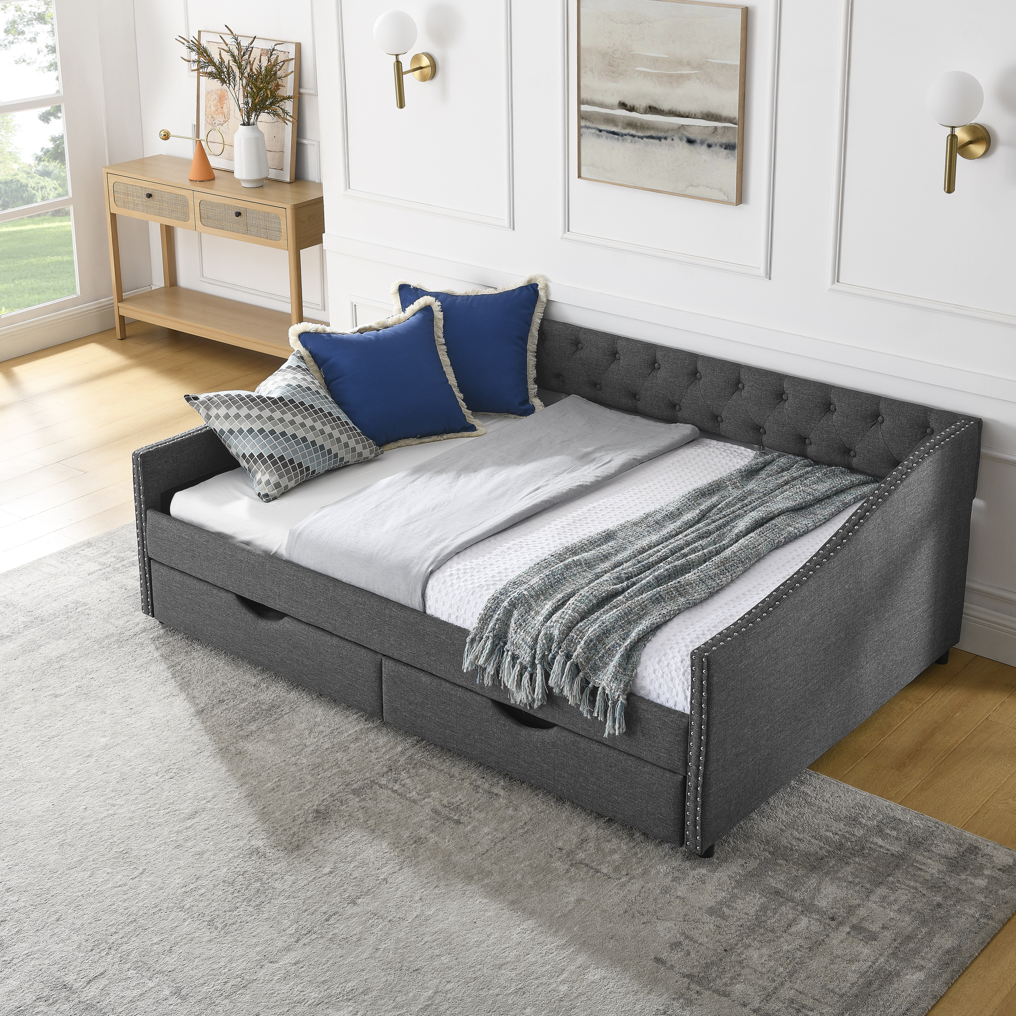 Full Size Daybed with Drawers Upholstered Tufted Sofa Bed, with Button on Back and Copper Nail on Waved Shape Arms (80.5''x55.5''x27.5'') (OLD SKU: W1413S00032) - Image 3