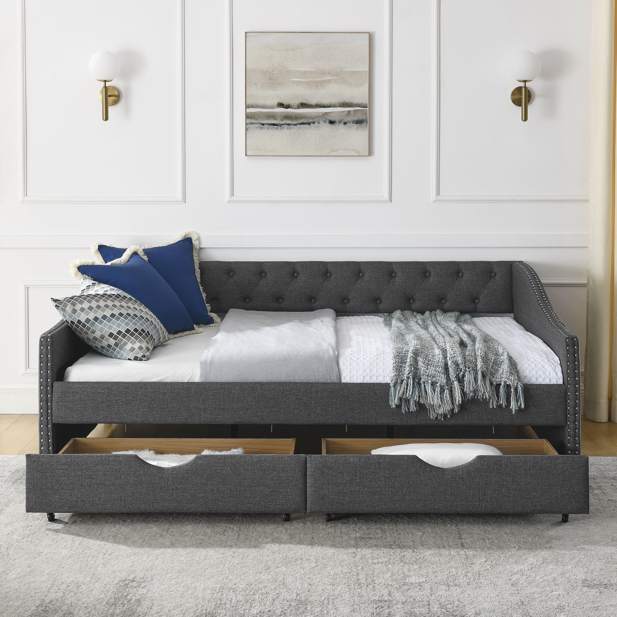 Full Size Daybed with Drawers Upholstered Tufted Sofa Bed, with Button on Back and Copper Nail on Waved Shape Arms (80.5''x55.5''x27.5'') (OLD SKU: W1413S00032) - Image 4