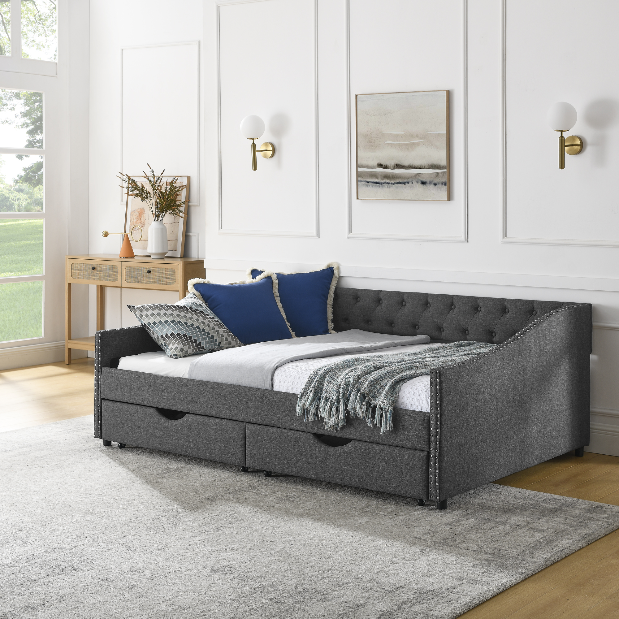 Full Size Daybed with Drawers Upholstered Tufted Sofa Bed, with Button on Back and Copper Nail on Waved Shape Arms (80.5''x55.5''x27.5'') (OLD SKU: W1413S00032) - Image 5
