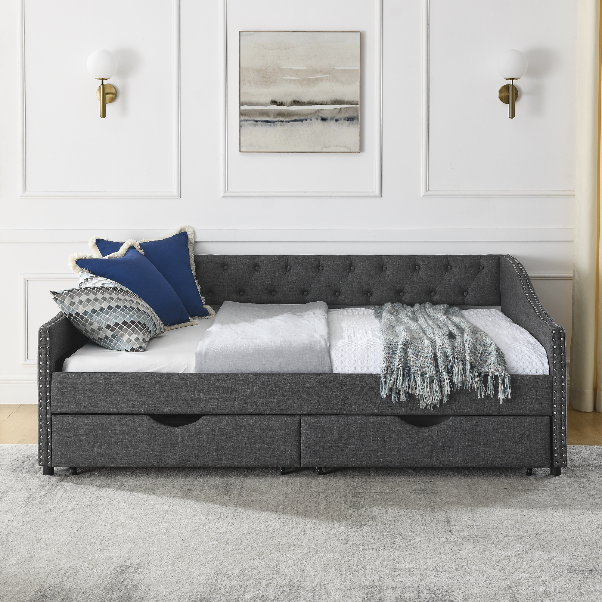 Full Size Daybed with Drawers Upholstered Tufted Sofa Bed, with Button on Back and Copper Nail on Waved Shape Arms (80.5''x55.5''x27.5'') (OLD SKU: W1413S00032) - Image 6