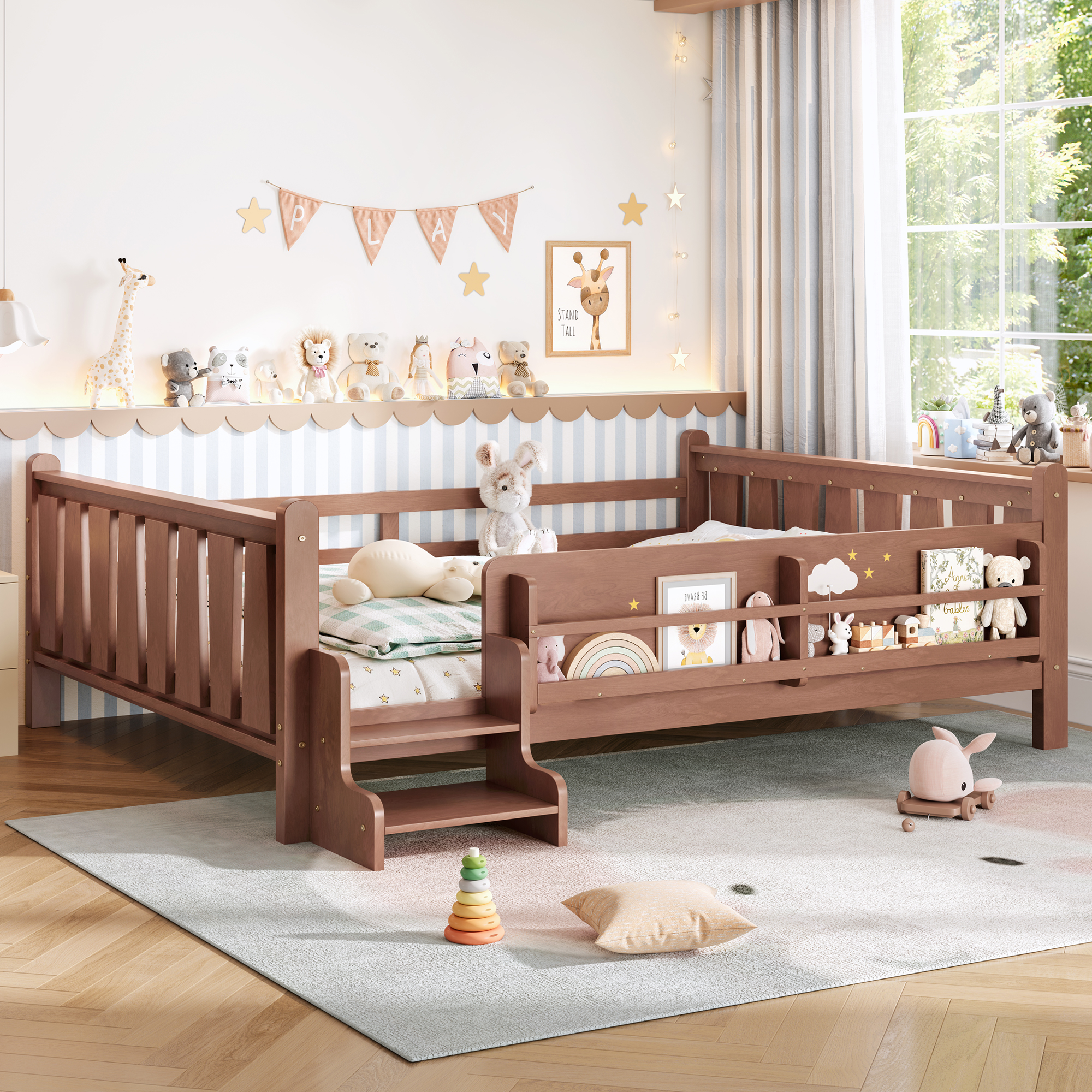 Queen Size Floor Bed with Storage Bookcases, Solid Wood Kids Floor Bed with Cute Stairs and Guardrails, No Box Spring Needed, Natural - Image 1