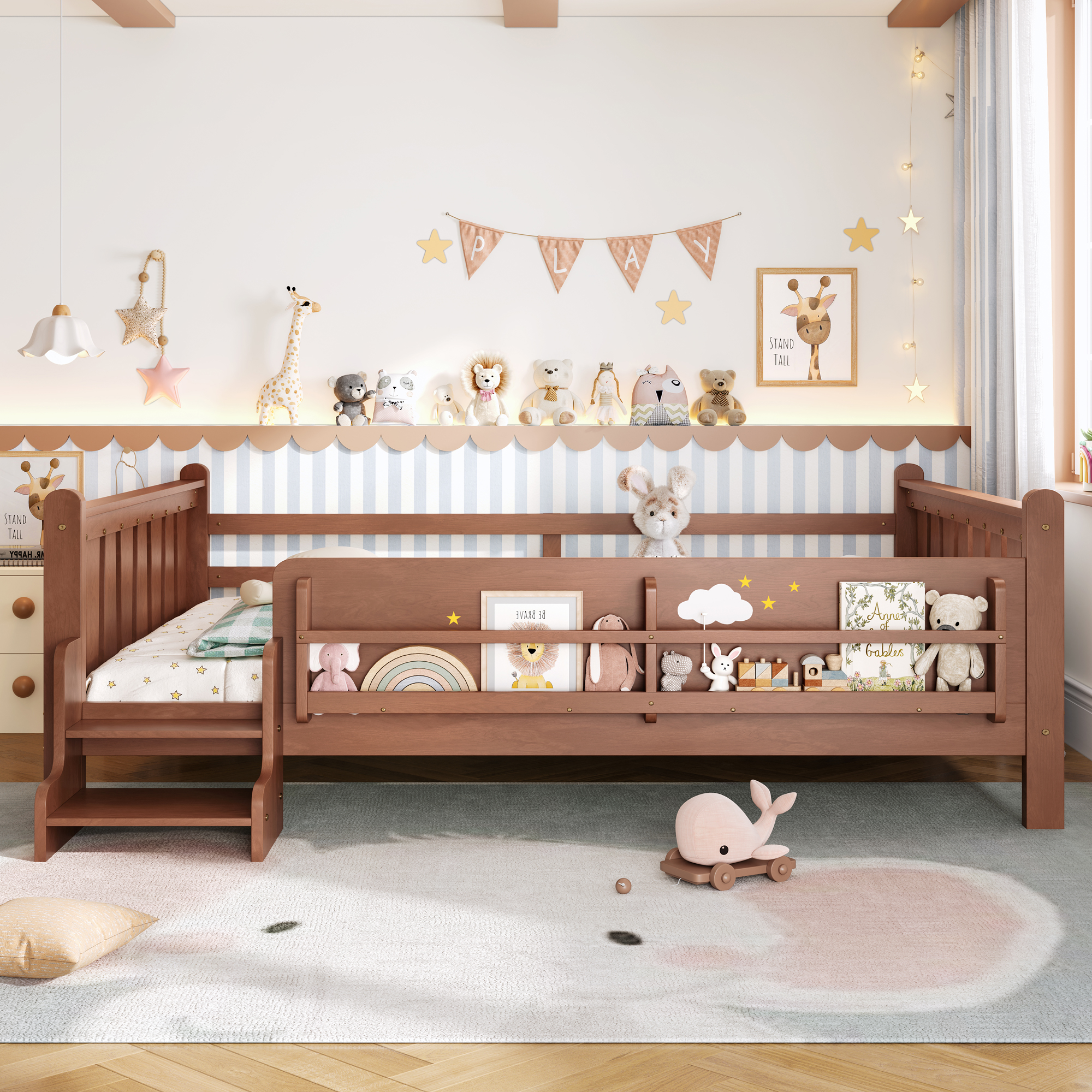 Queen Size Floor Bed with Storage Bookcases, Solid Wood Kids Floor Bed with Cute Stairs and Guardrails, No Box Spring Needed, Natural - Image 2