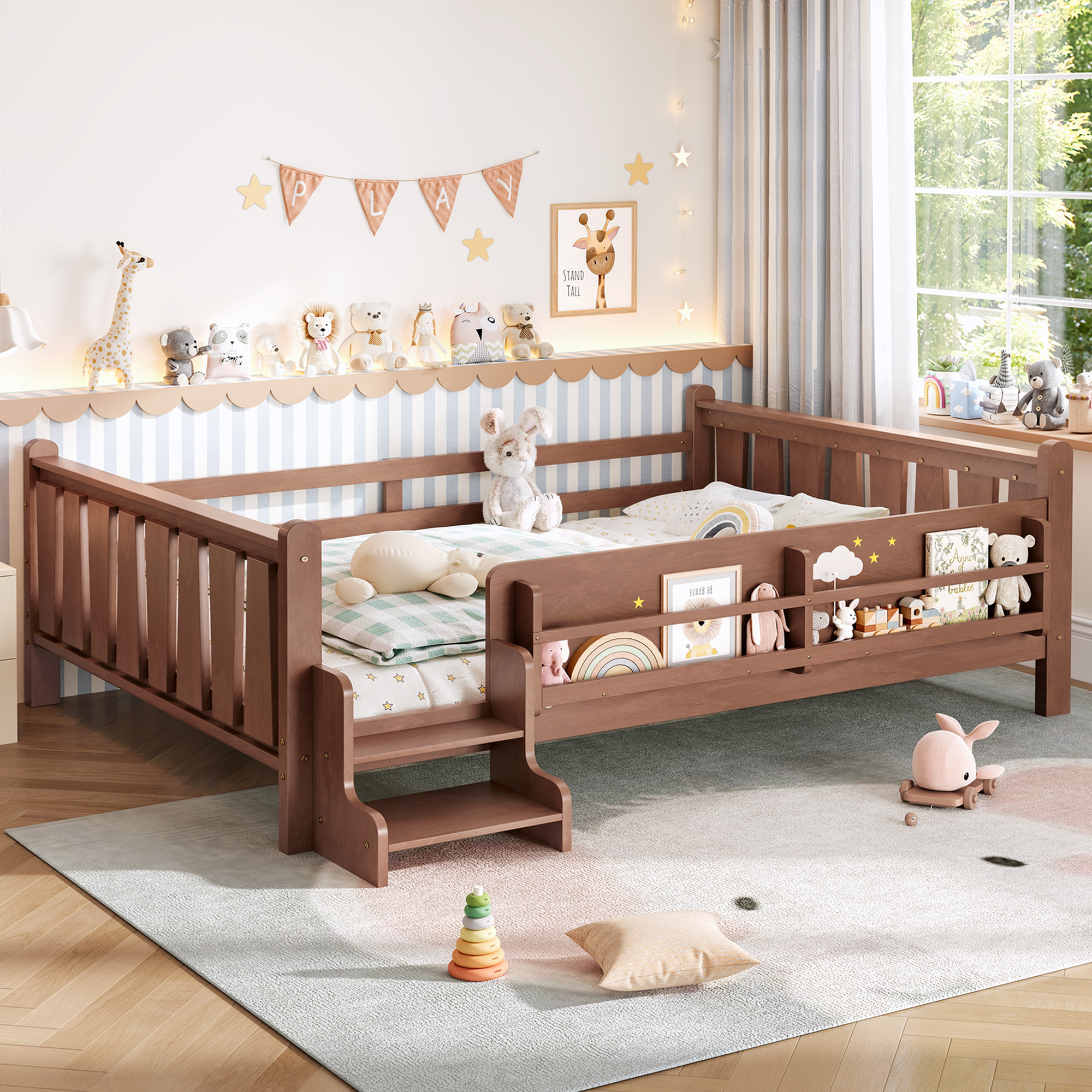 Queen Size Floor Bed with Storage Bookcases, Solid Wood Kids Floor Bed with Cute Stairs and Guardrails, No Box Spring Needed, Natural - Image 3
