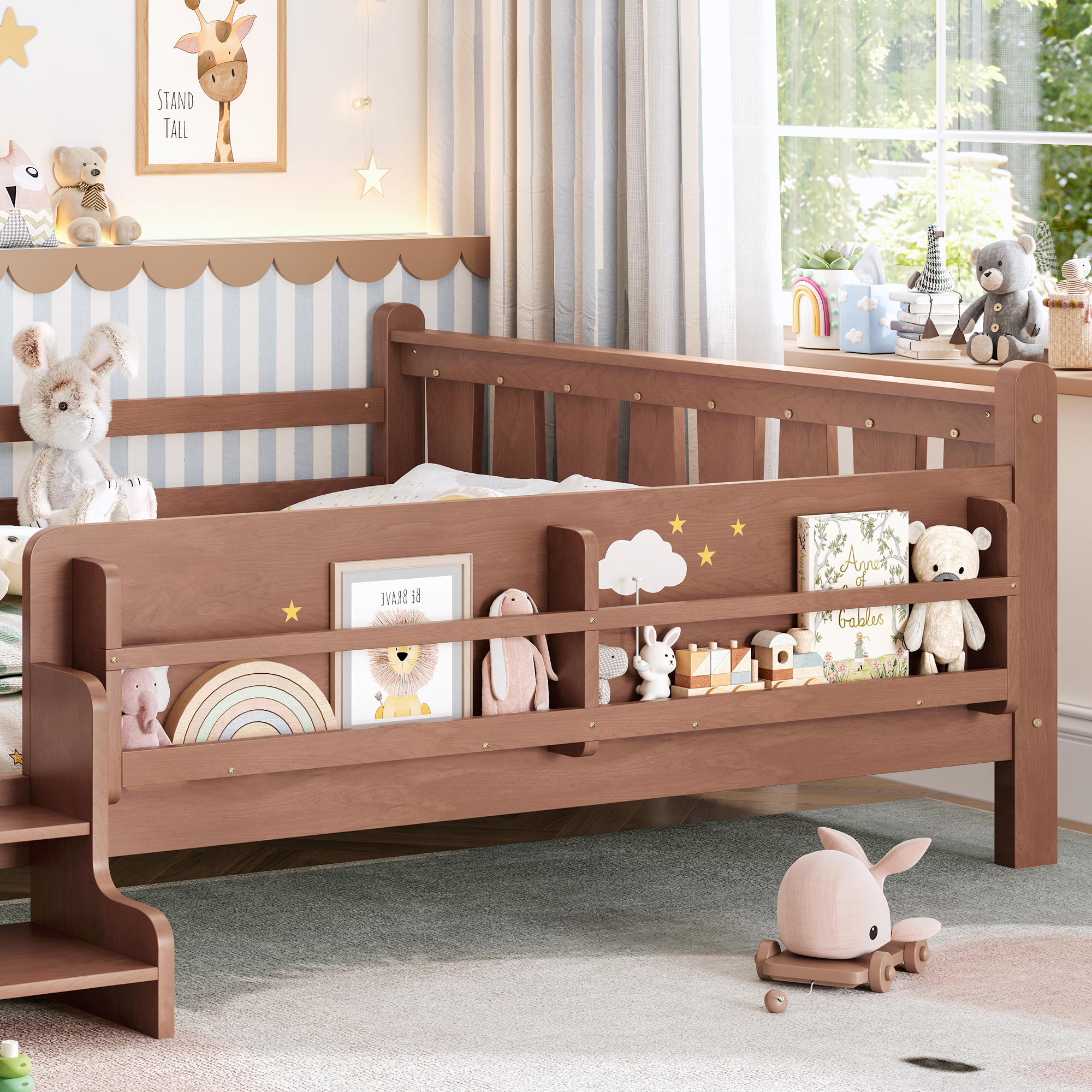 Queen Size Floor Bed with Storage Bookcases, Solid Wood Kids Floor Bed with Cute Stairs and Guardrails, No Box Spring Needed, Natural - Image 4
