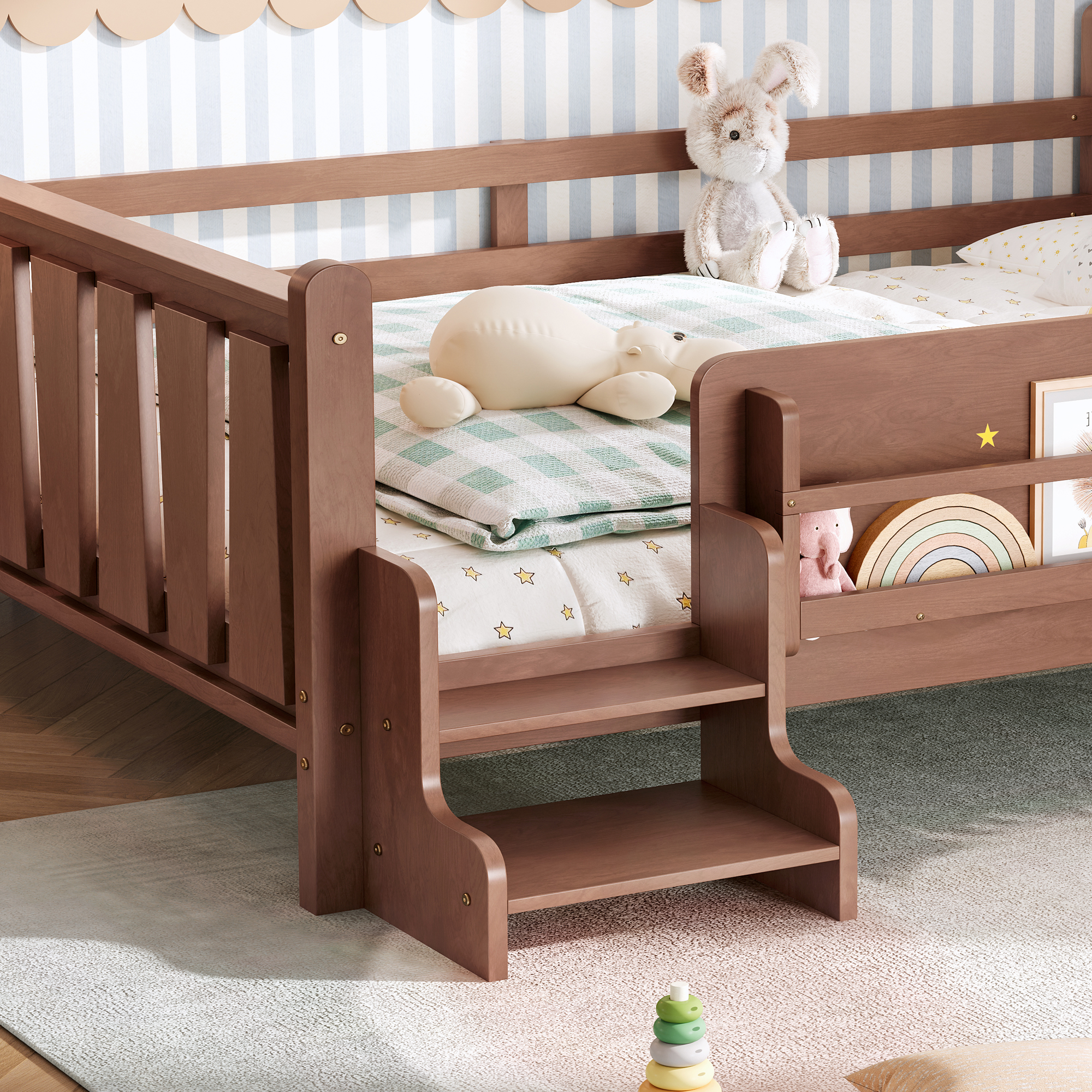 Queen Size Floor Bed with Storage Bookcases, Solid Wood Kids Floor Bed with Cute Stairs and Guardrails, No Box Spring Needed, Natural - Image 5