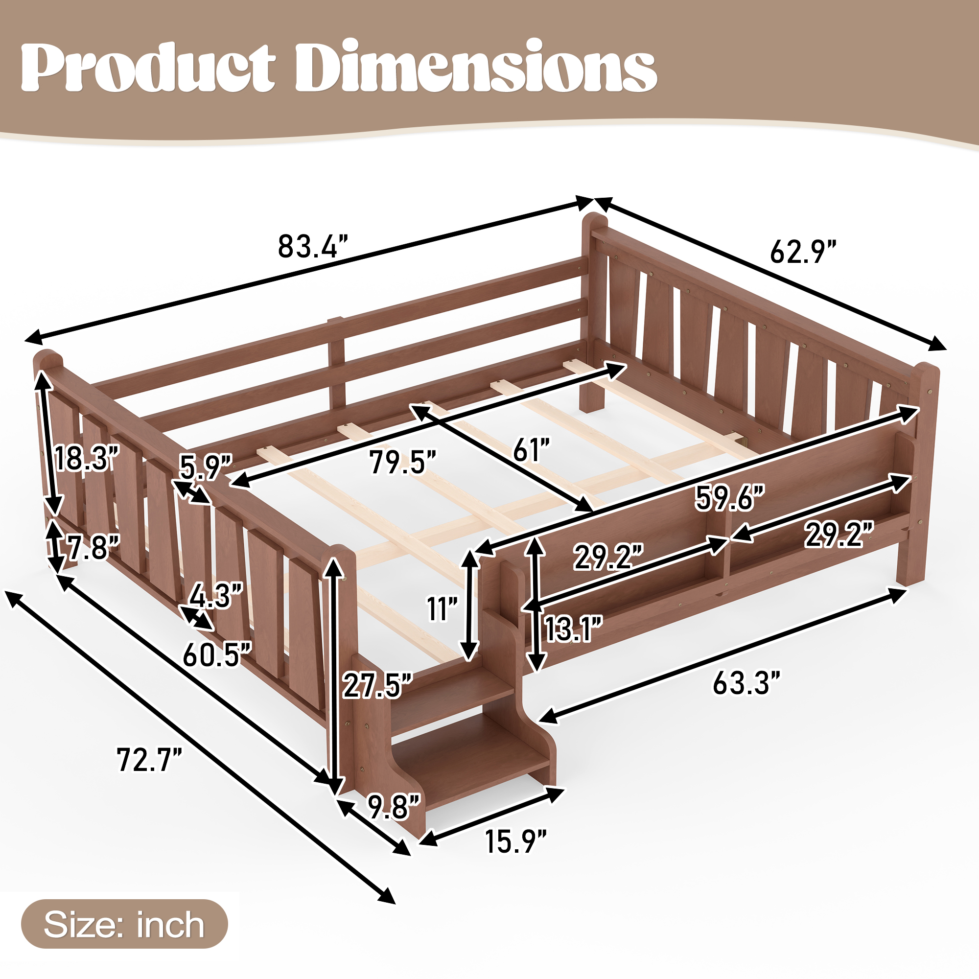 Queen Size Floor Bed with Storage Bookcases, Solid Wood Kids Floor Bed with Cute Stairs and Guardrails, No Box Spring Needed, Natural - Image 6