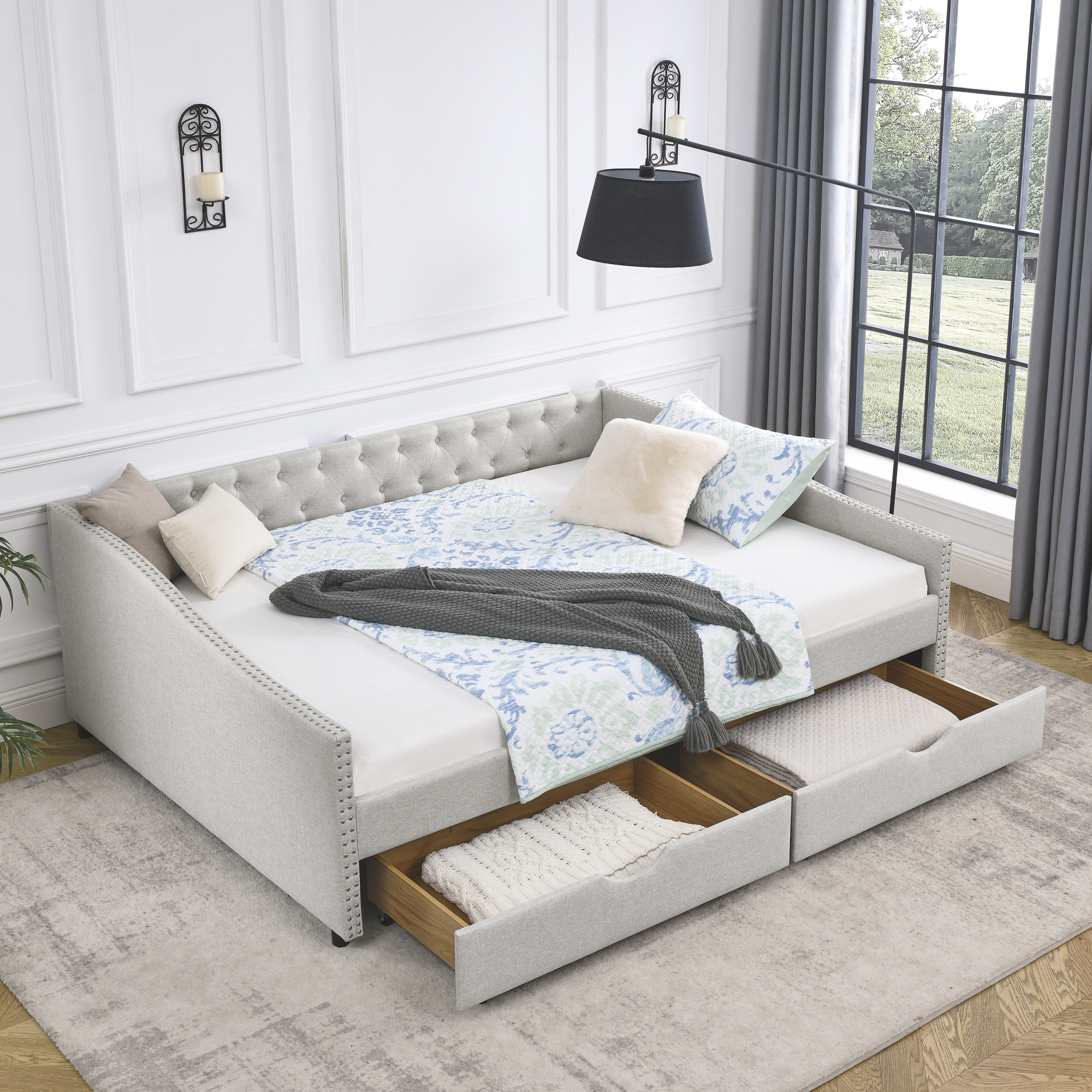 Queen Size Daybed with Drawers Upholstered Tufted Sofa Bed,,with Button on Back and Copper Nail on Waved Shape Arms, Beige (84.5"x63.5"x26.5") (OLD SKU: W1413S00010) - Image 2
