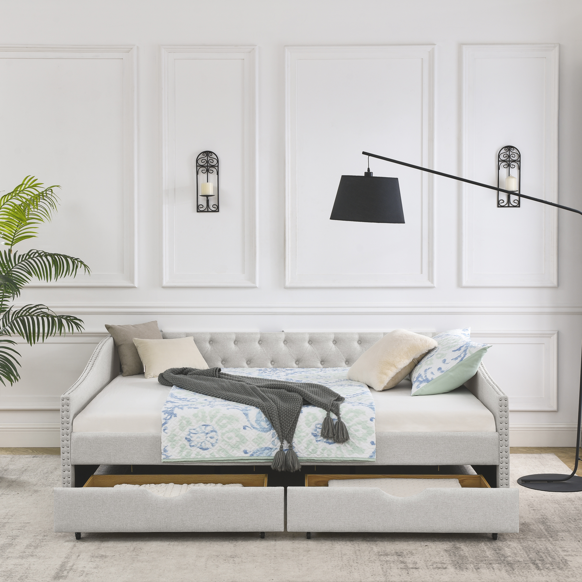 Queen Size Daybed with Drawers Upholstered Tufted Sofa Bed,,with Button on Back and Copper Nail on Waved Shape Arms, Beige (84.5"x63.5"x26.5") (OLD SKU: W1413S00010) - Image 3