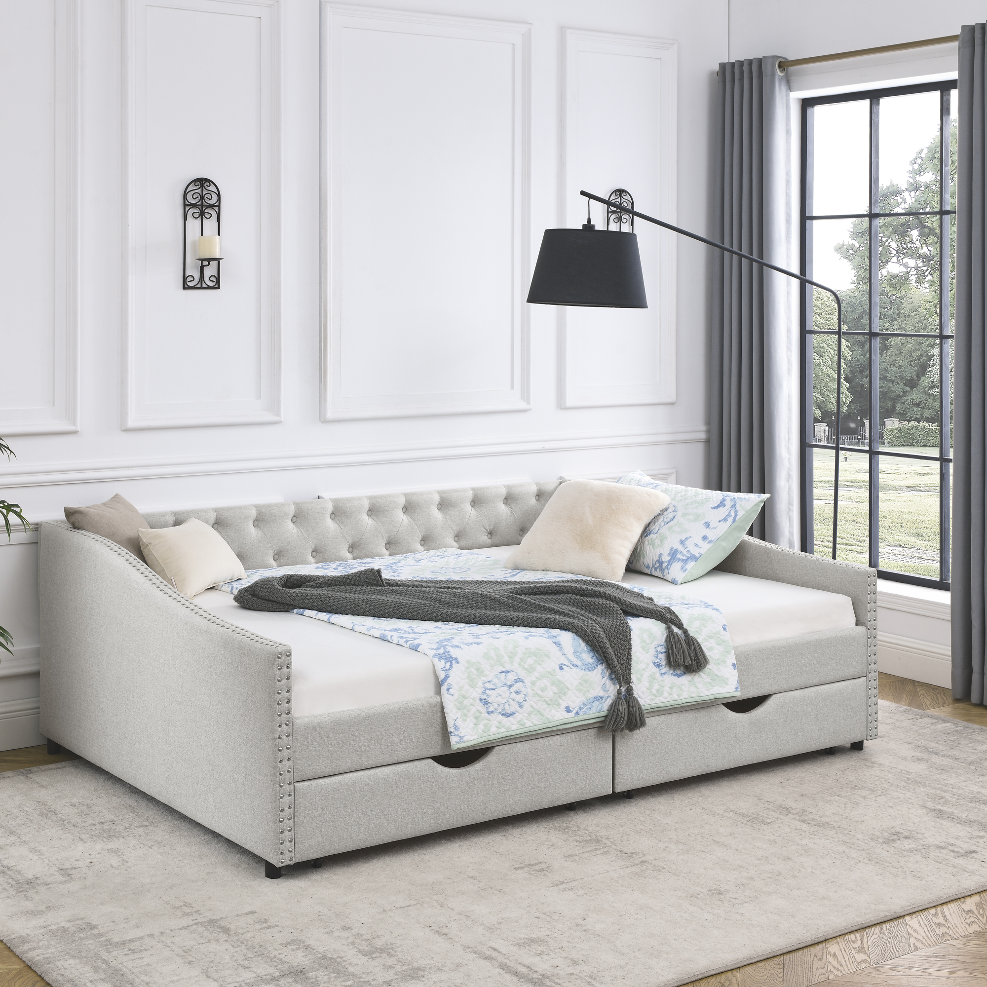 Queen Size Daybed with Drawers Upholstered Tufted Sofa Bed,,with Button on Back and Copper Nail on Waved Shape Arms, Beige (84.5"x63.5"x26.5") (OLD SKU: W1413S00010) - Image 4