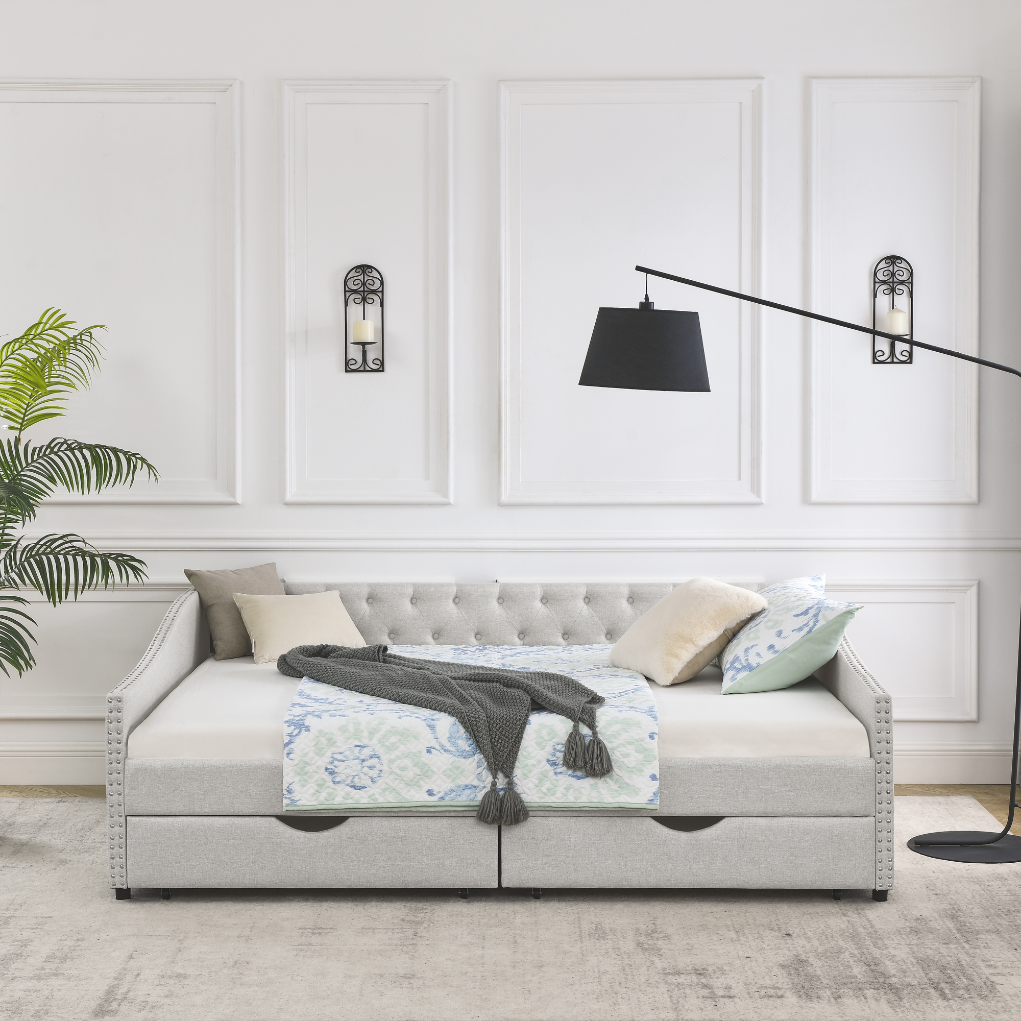 Queen Size Daybed with Drawers Upholstered Tufted Sofa Bed,,with Button on Back and Copper Nail on Waved Shape Arms, Beige (84.5"x63.5"x26.5") (OLD SKU: W1413S00010) - Image 5