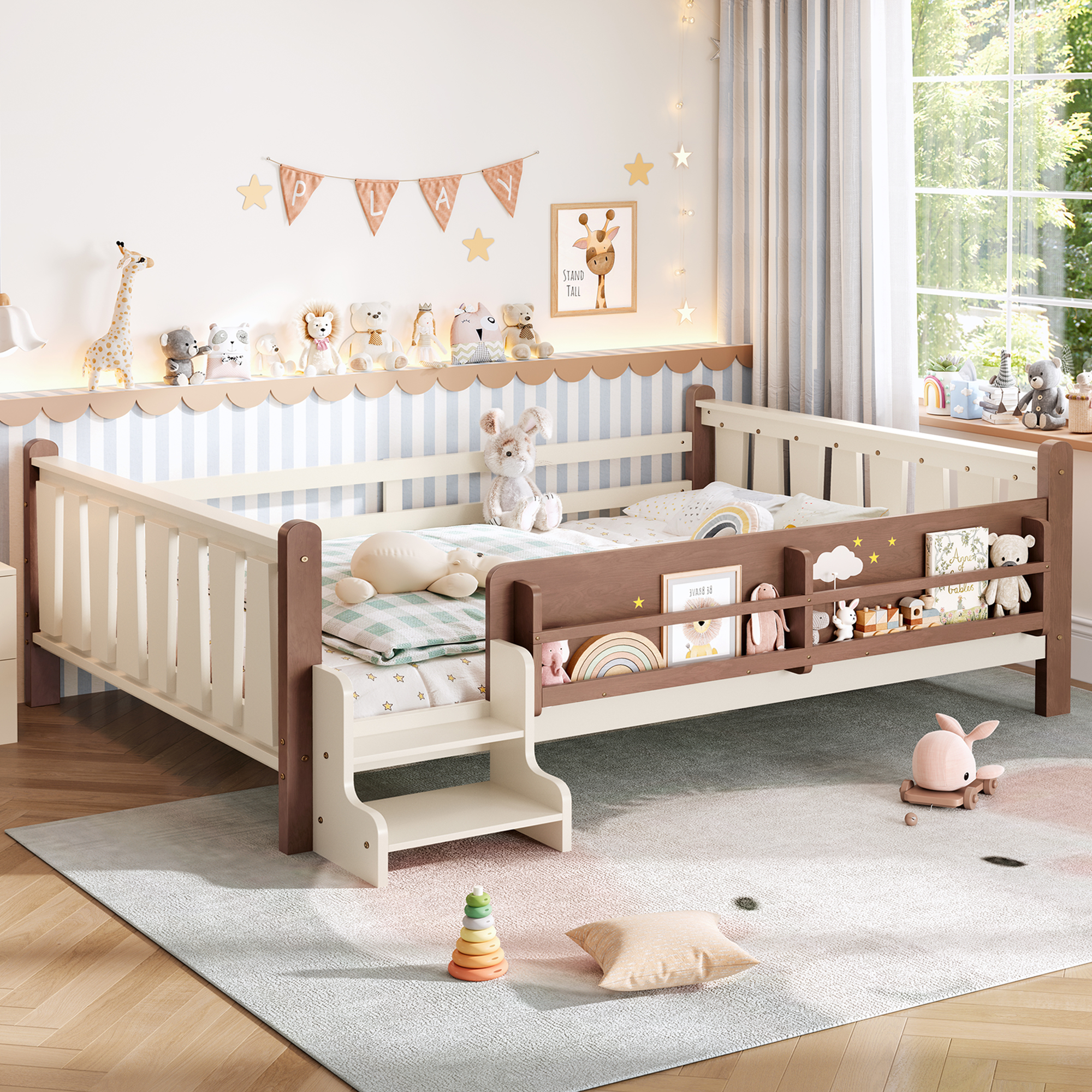 Queen Size Floor Bed with Storage Bookcases, Solid Wood Kids Floor Bed with Cute Stairs and Guardrails, No Box Spring Needed, Beige - Image 2