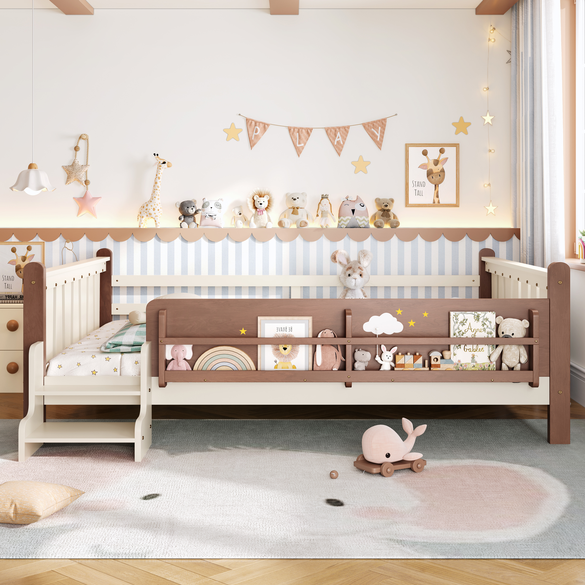Queen Size Floor Bed with Storage Bookcases, Solid Wood Kids Floor Bed with Cute Stairs and Guardrails, No Box Spring Needed, Beige - Image 3