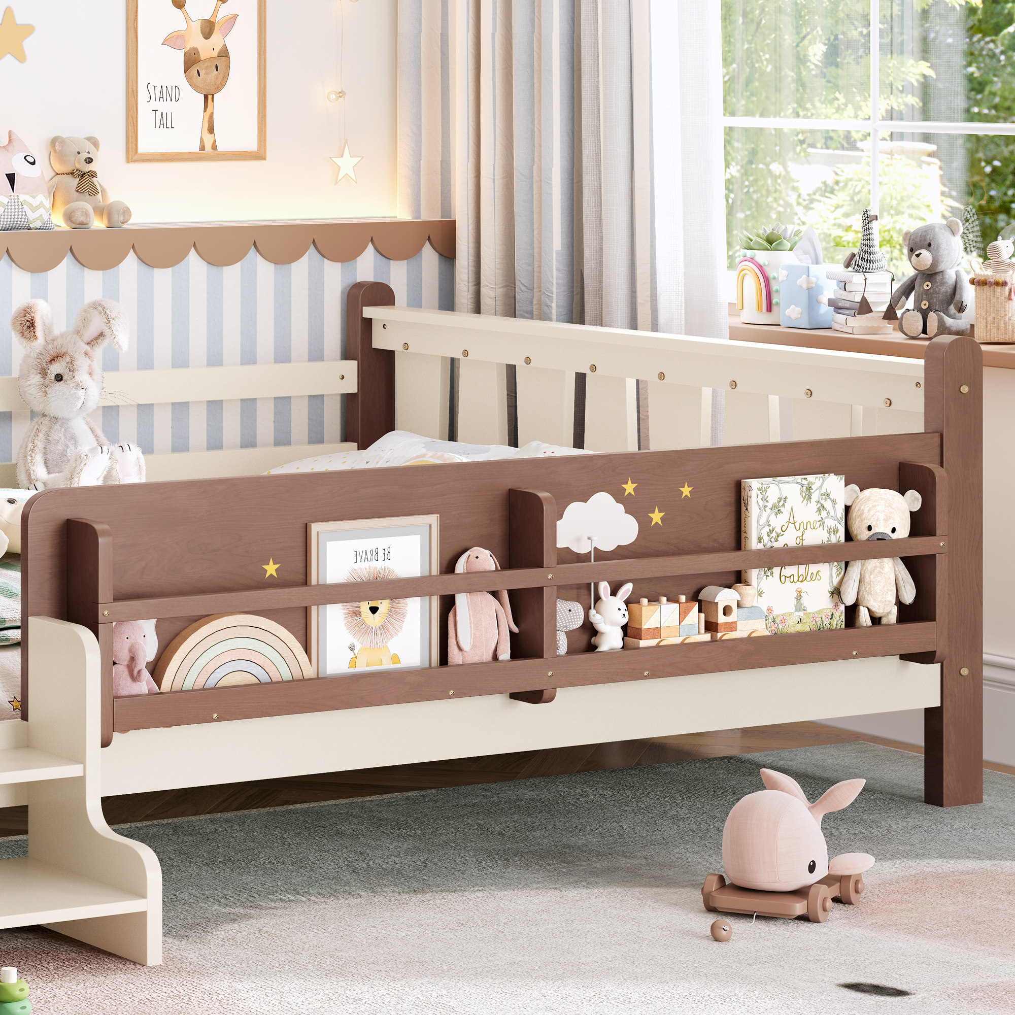 Queen Size Floor Bed with Storage Bookcases, Solid Wood Kids Floor Bed with Cute Stairs and Guardrails, No Box Spring Needed, Beige - Image 4