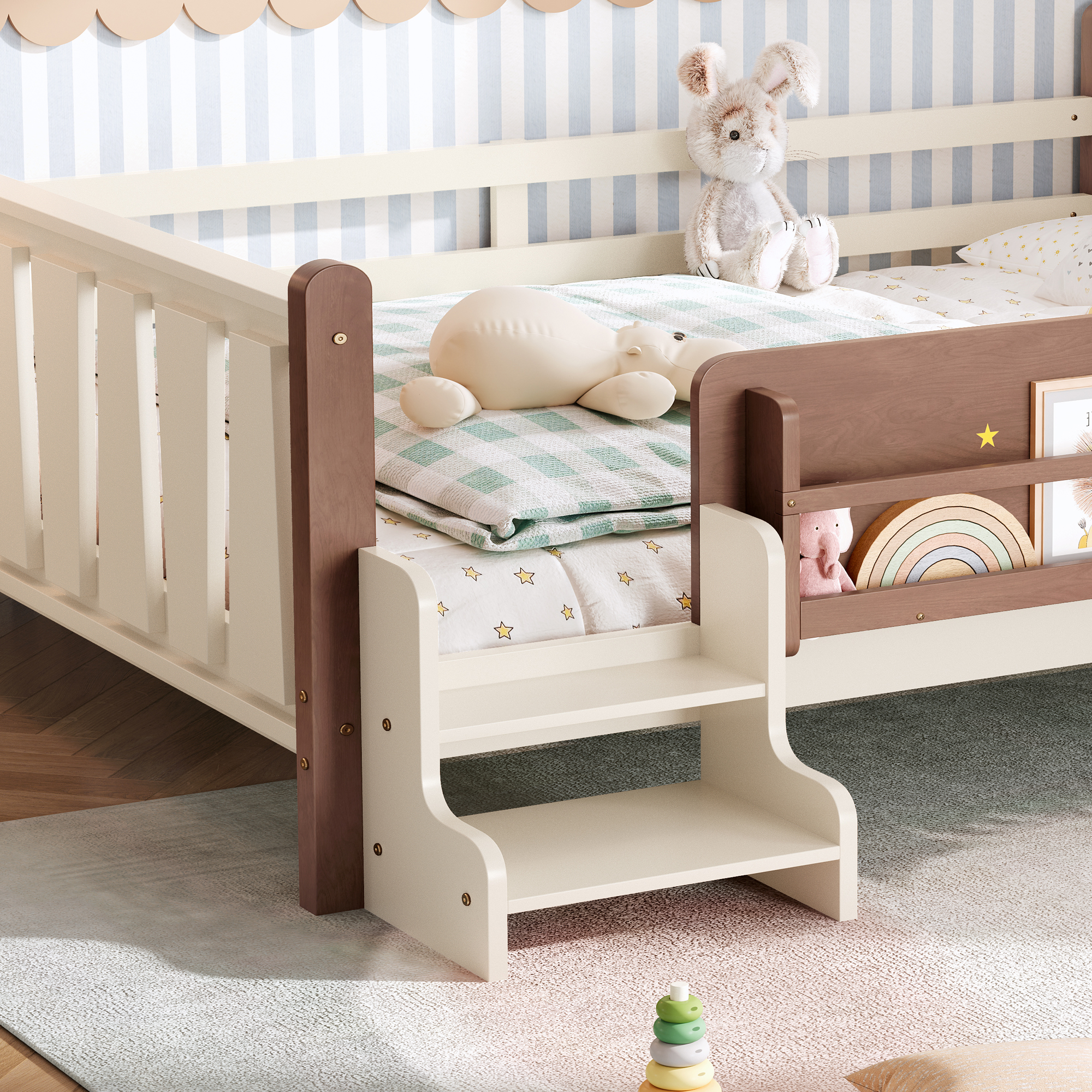 Queen Size Floor Bed with Storage Bookcases, Solid Wood Kids Floor Bed with Cute Stairs and Guardrails, No Box Spring Needed, Beige - Image 5