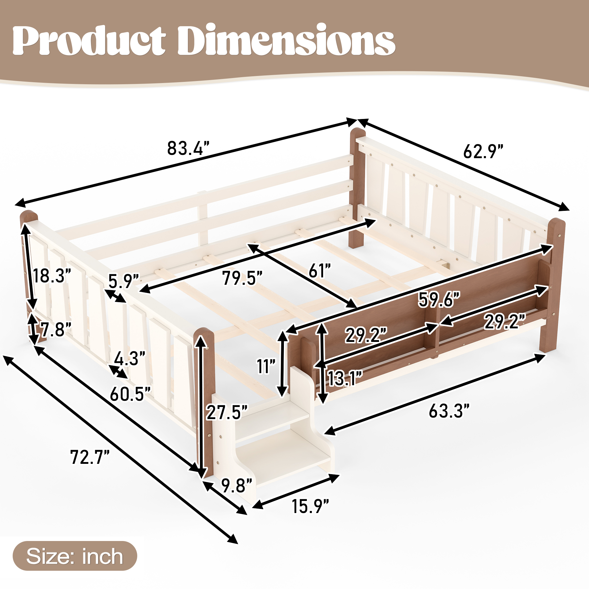 Queen Size Floor Bed with Storage Bookcases, Solid Wood Kids Floor Bed with Cute Stairs and Guardrails, No Box Spring Needed, Beige - Image 6
