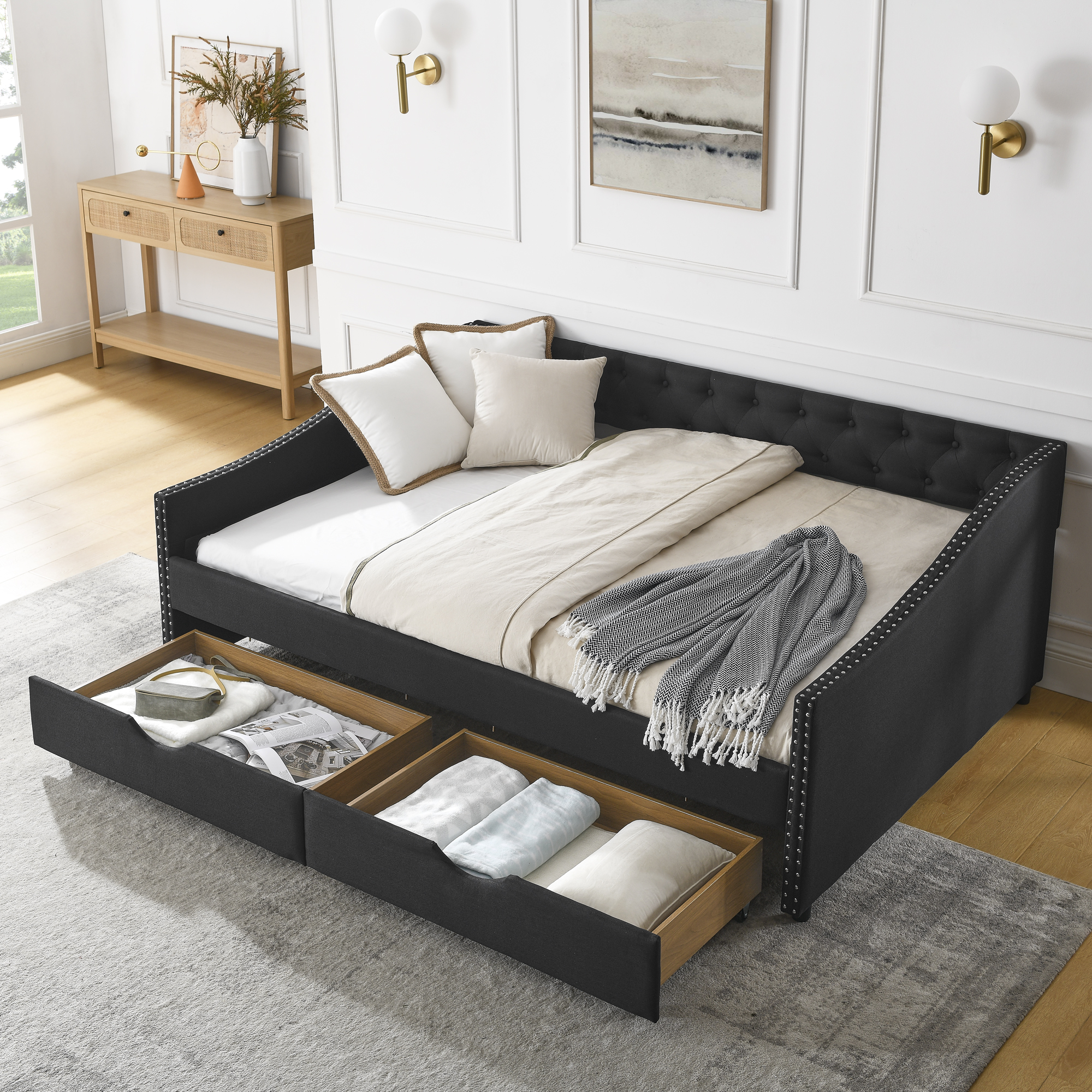Full Size Daybed with Drawers Upholstered Tufted Sofa Bed, with Button on Back and Copper Nail on Waved Shape Arms (80.5''x55.5''x27.5'') (OLD SKU: W1413S00031) - Image 2