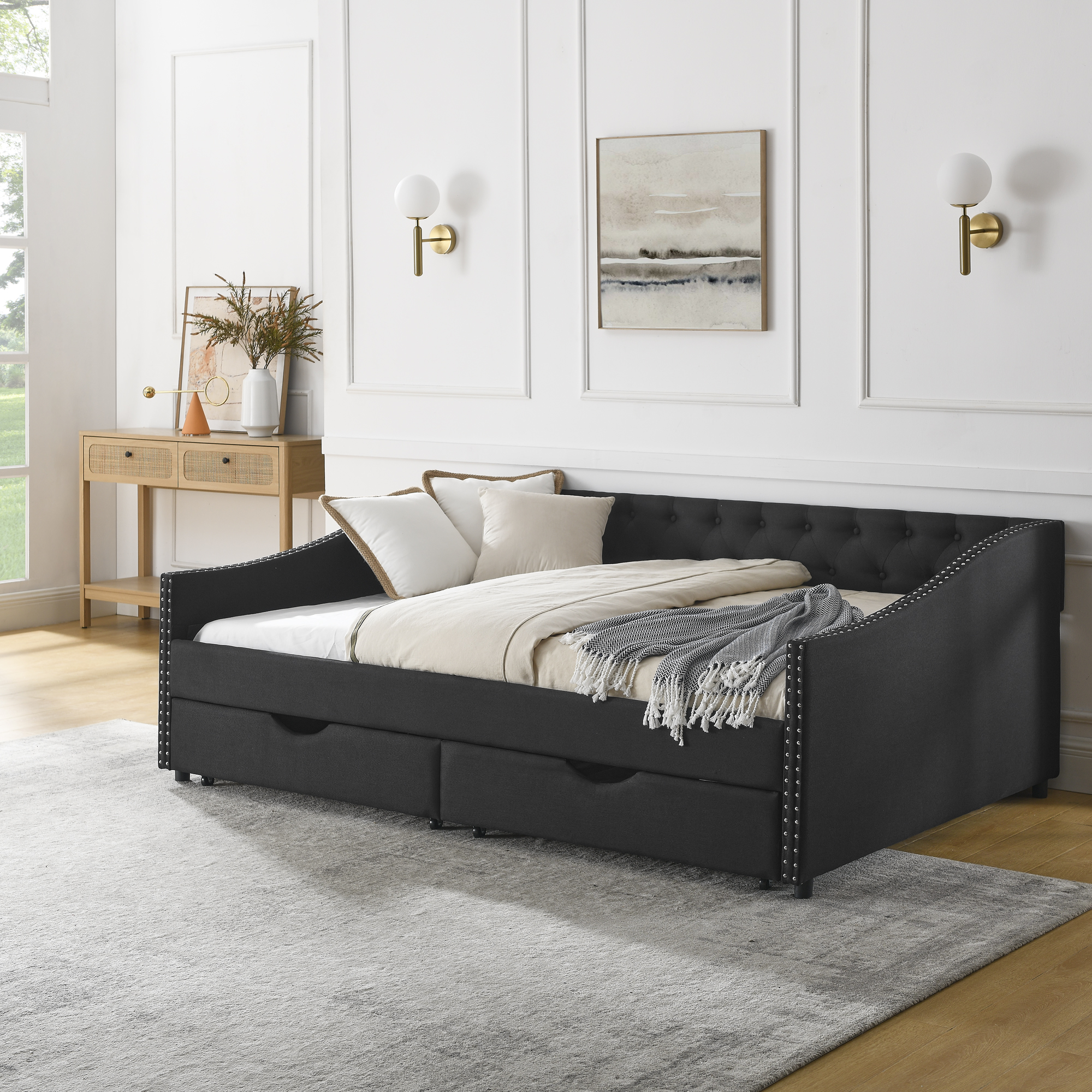 Full Size Daybed with Drawers Upholstered Tufted Sofa Bed, with Button on Back and Copper Nail on Waved Shape Arms (80.5''x55.5''x27.5'') (OLD SKU: W1413S00031) - Image 3