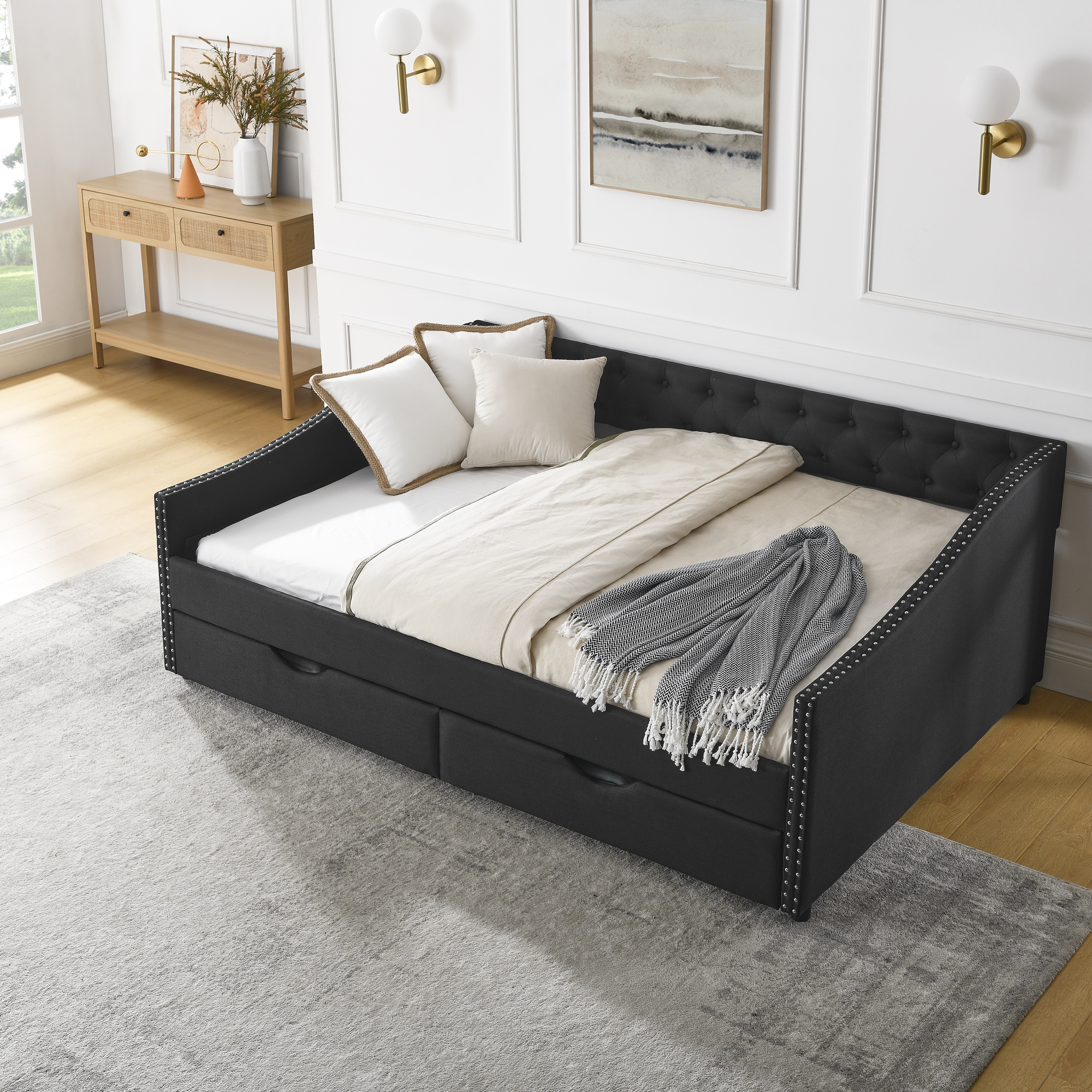 Full Size Daybed with Drawers Upholstered Tufted Sofa Bed, with Button on Back and Copper Nail on Waved Shape Arms (80.5''x55.5''x27.5'') (OLD SKU: W1413S00031) - Image 4