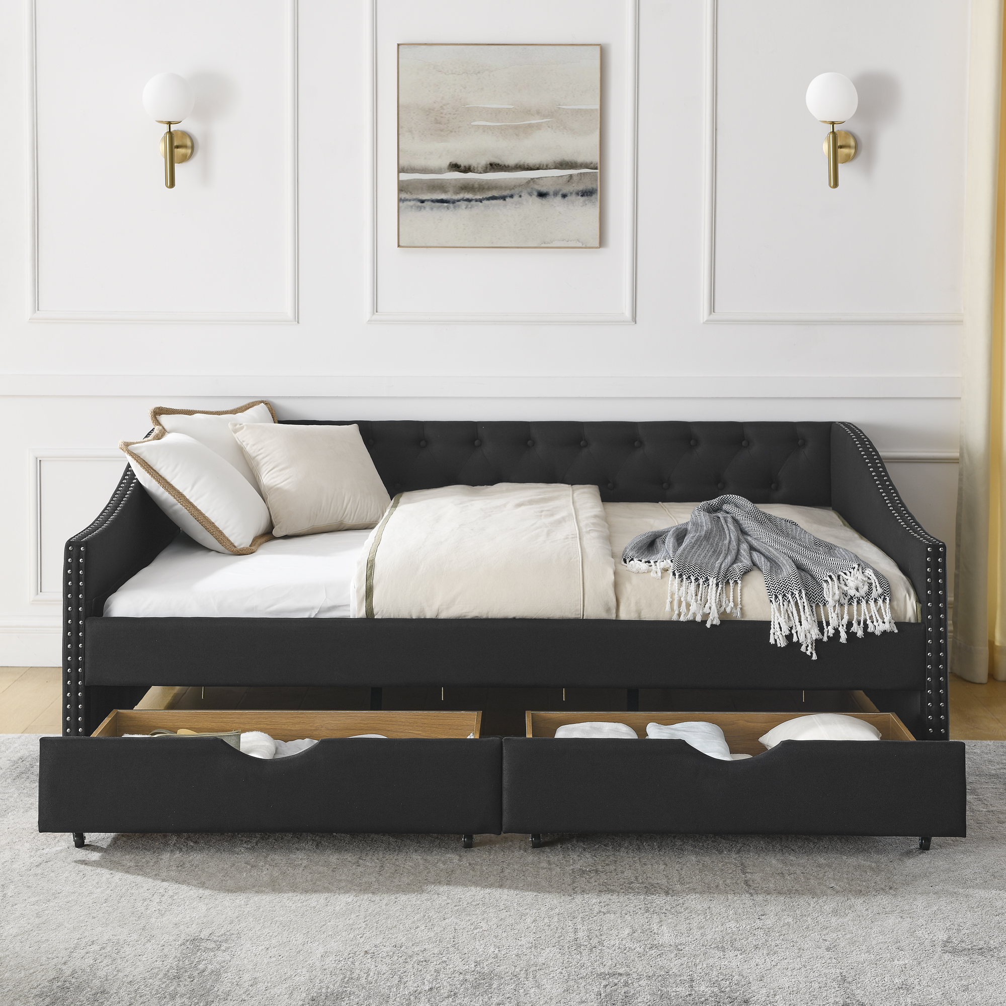 Full Size Daybed with Drawers Upholstered Tufted Sofa Bed, with Button on Back and Copper Nail on Waved Shape Arms (80.5''x55.5''x27.5'') (OLD SKU: W1413S00031) - Image 5