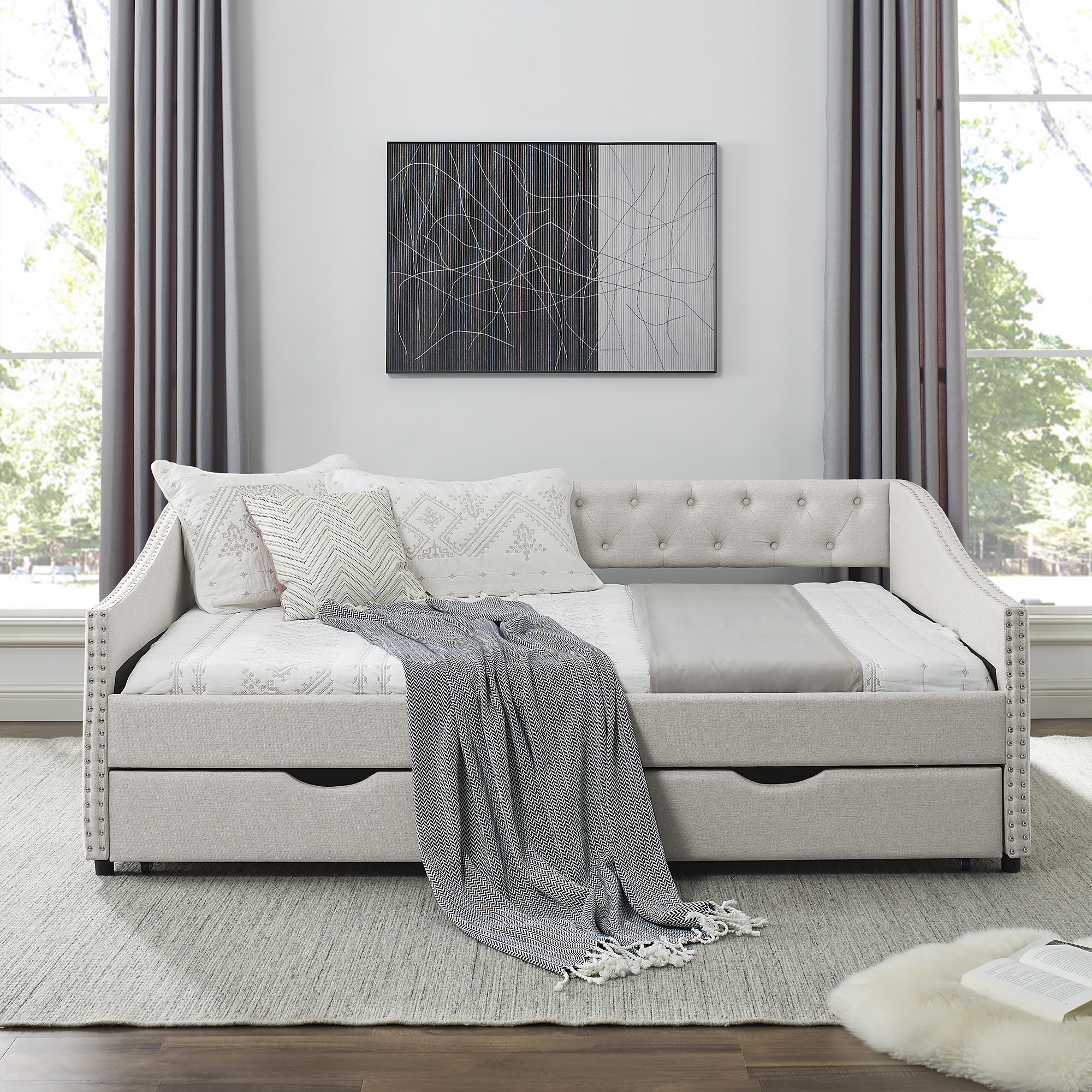 Full Size Daybed with Drawers Upholstered Tufted Sofa Bed, with Button on Back and Copper Nail on Waved Shape Arms, Beige (80.5''x55.5''x27.5'') (OLD SKU: W1413S00004) - Image 2