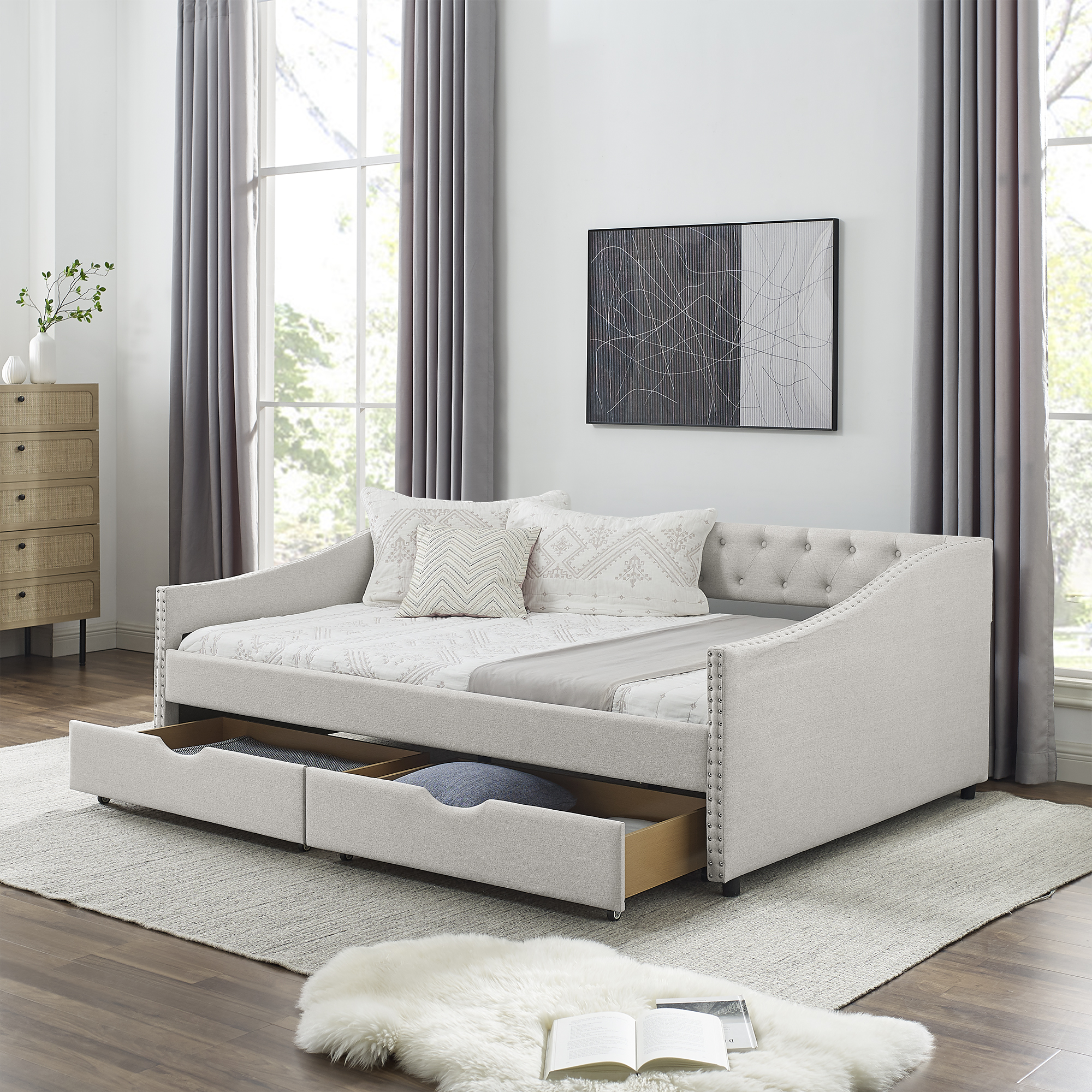 Full Size Daybed with Drawers Upholstered Tufted Sofa Bed, with Button on Back and Copper Nail on Waved Shape Arms, Beige (80.5''x55.5''x27.5'') (OLD SKU: W1413S00004) - Image 3