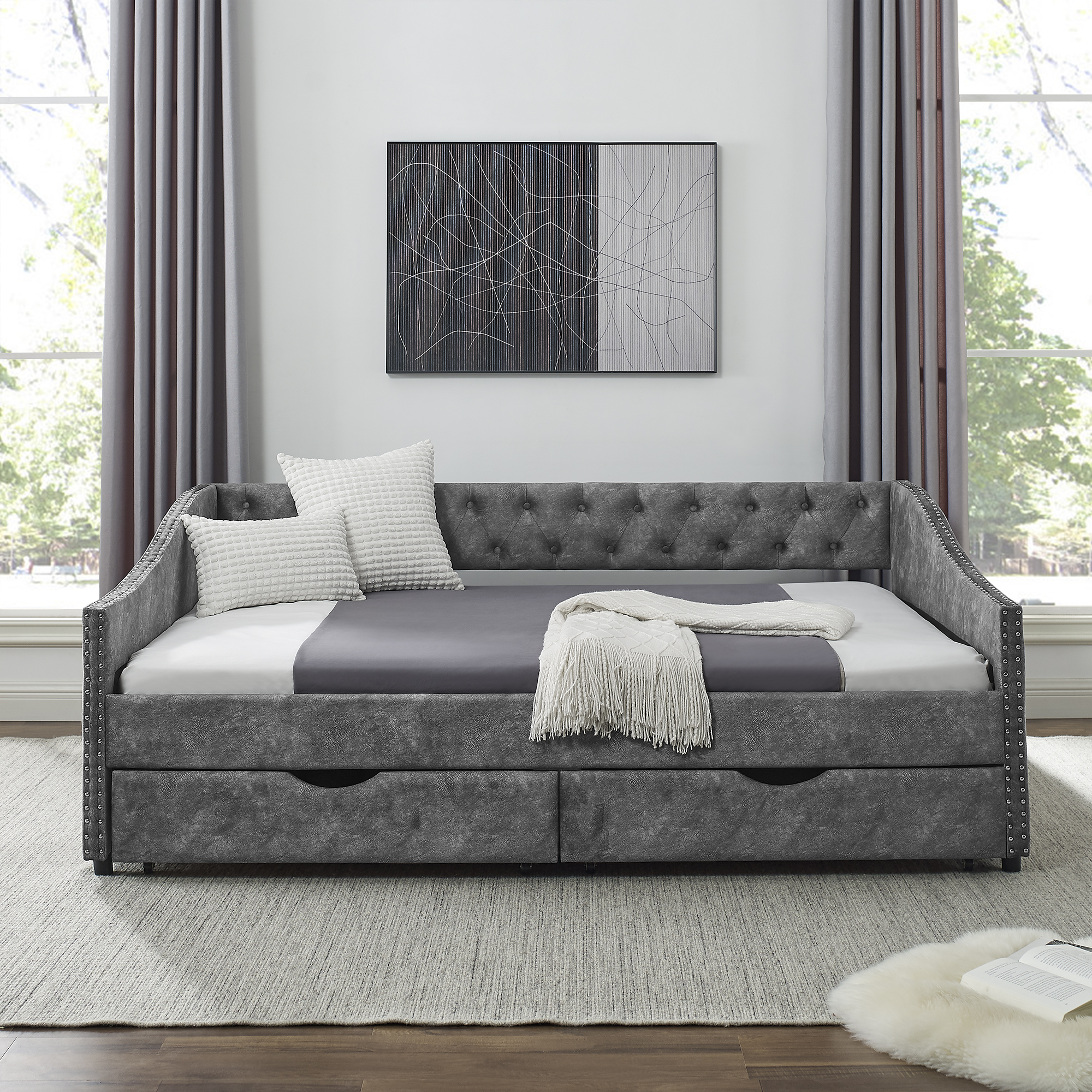 Full Size Daybed with Drawers Upholstered Tufted Sofa Bed, with Button on Back and Copper Nail on Waved Shape Arms, Grey (80.5''x55.5''x27.5'') (OLD SKU: W1413S00003) - Image 2