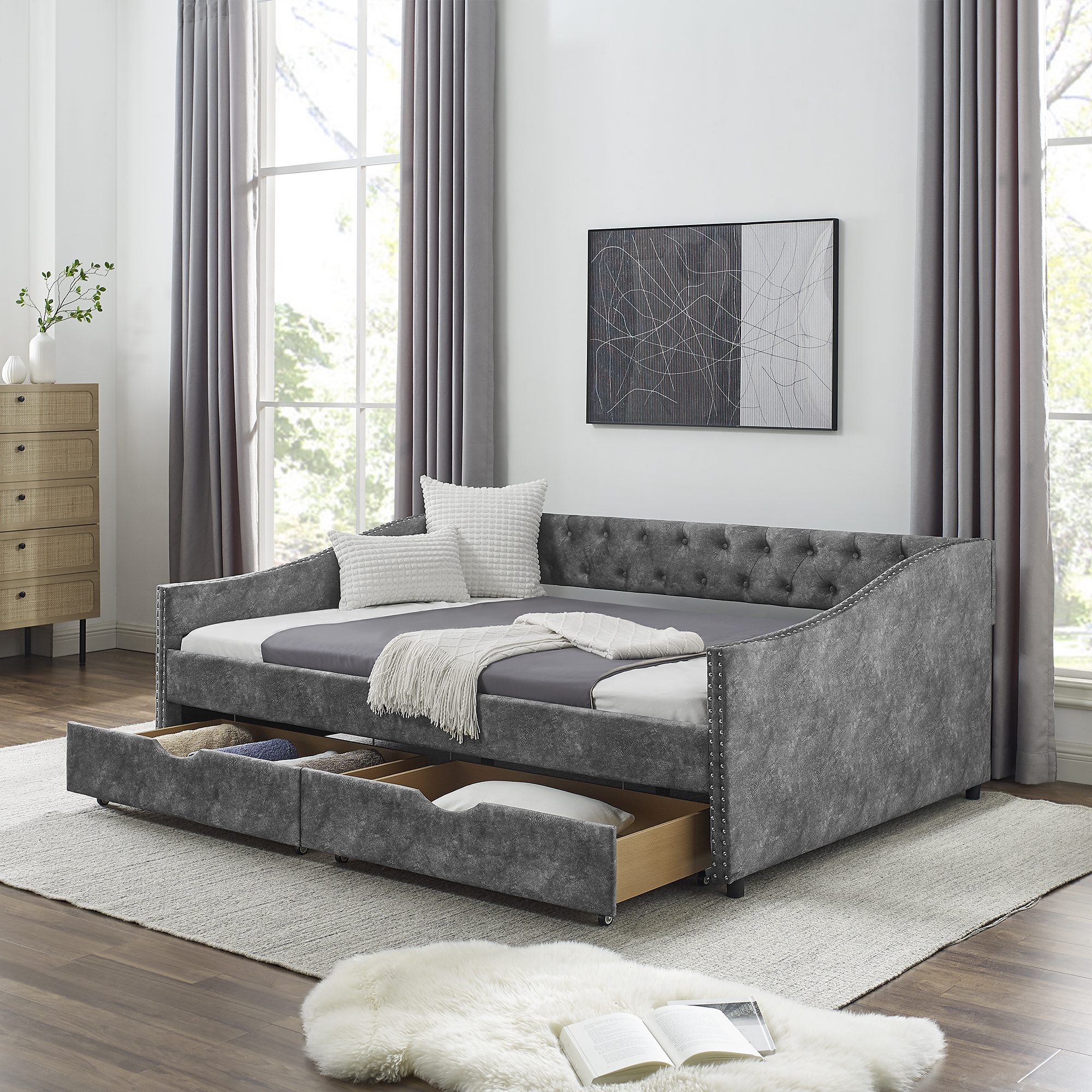 Full Size Daybed with Drawers Upholstered Tufted Sofa Bed, with Button on Back and Copper Nail on Waved Shape Arms, Grey (80.5''x55.5''x27.5'') (OLD SKU: W1413S00003) - Image 3