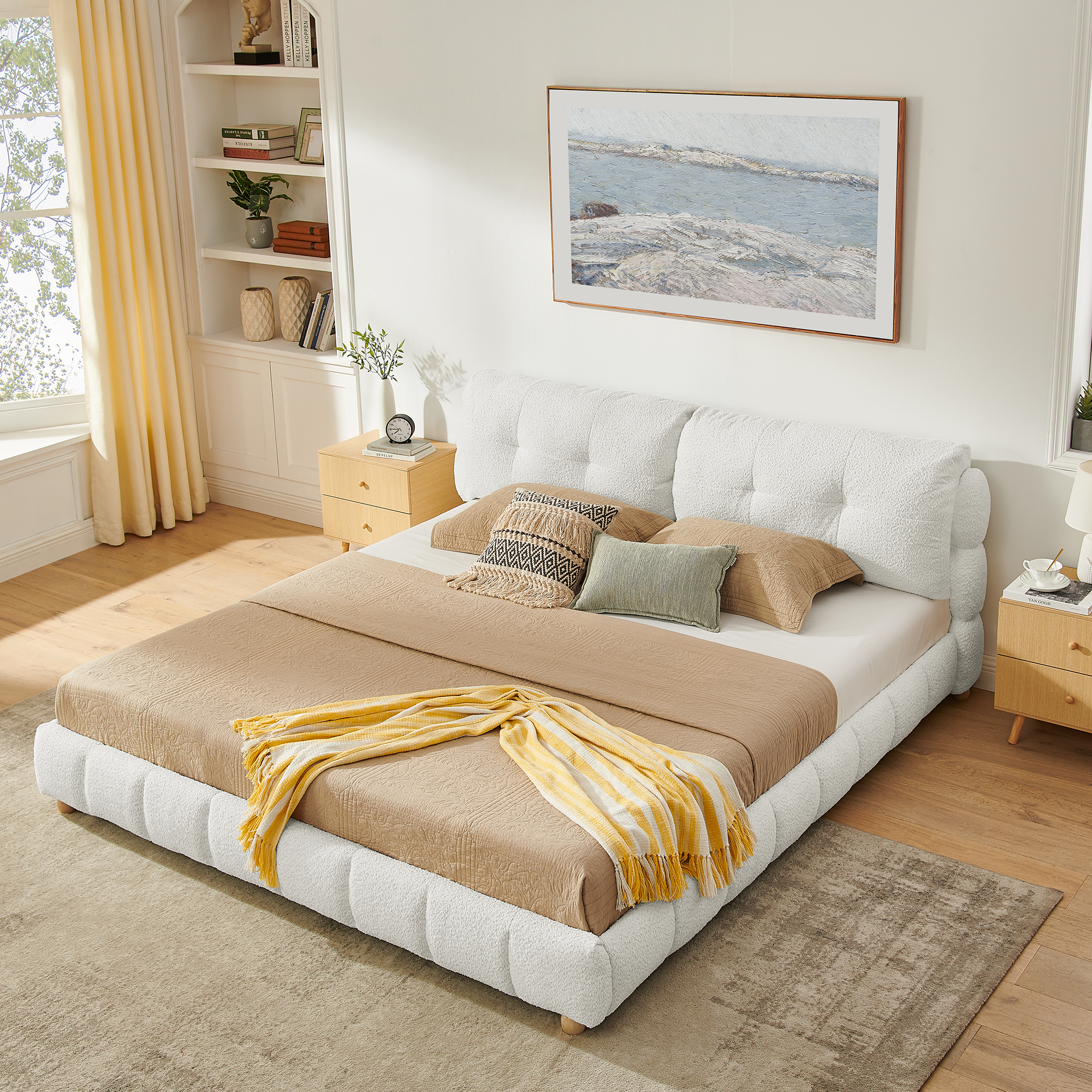 King Cream Style Bouclé Fabric Platform Bed, Soft Cloud-Like Upholstered Frame with Solid Wood Legs, No Box Spring Needed