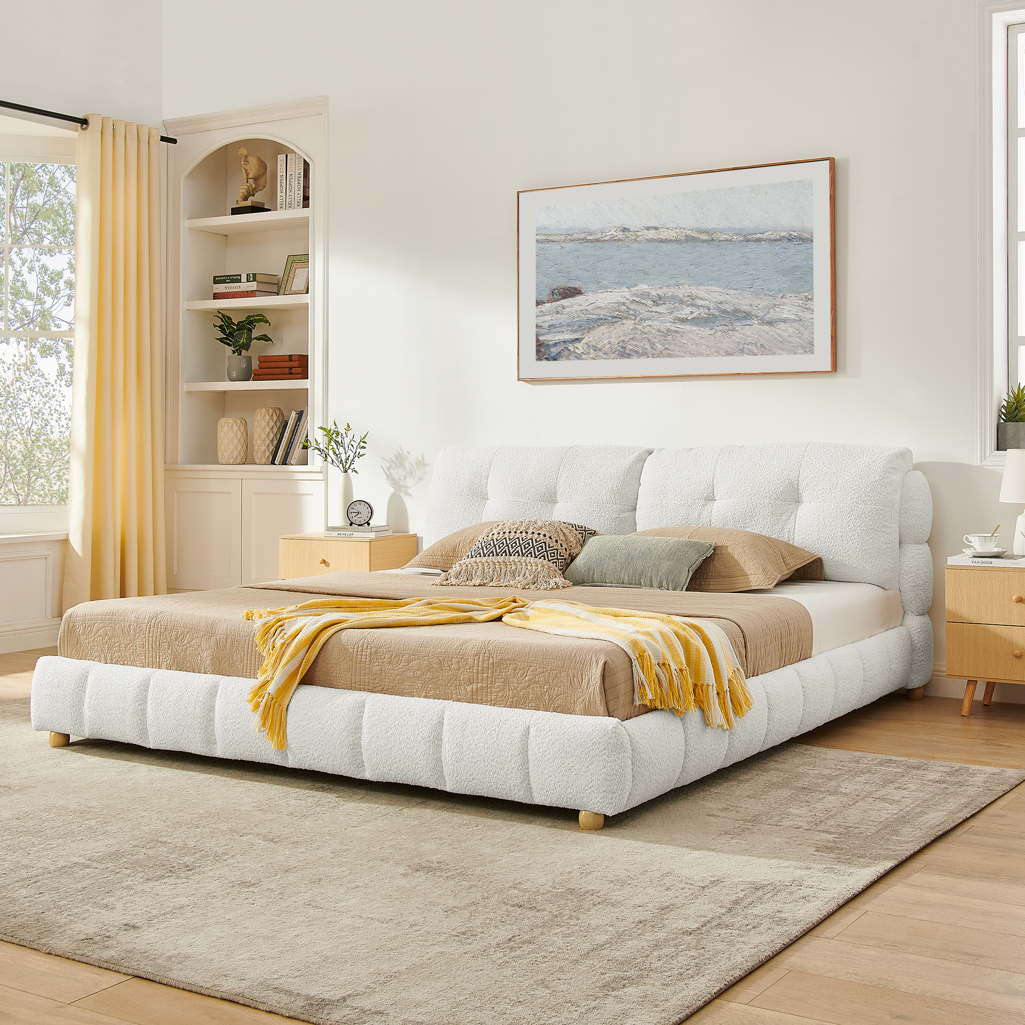 King Cream Style Bouclé Fabric Platform Bed, Soft Cloud-Like Upholstered Frame with Solid Wood Legs, No Box Spring Needed - Image 2