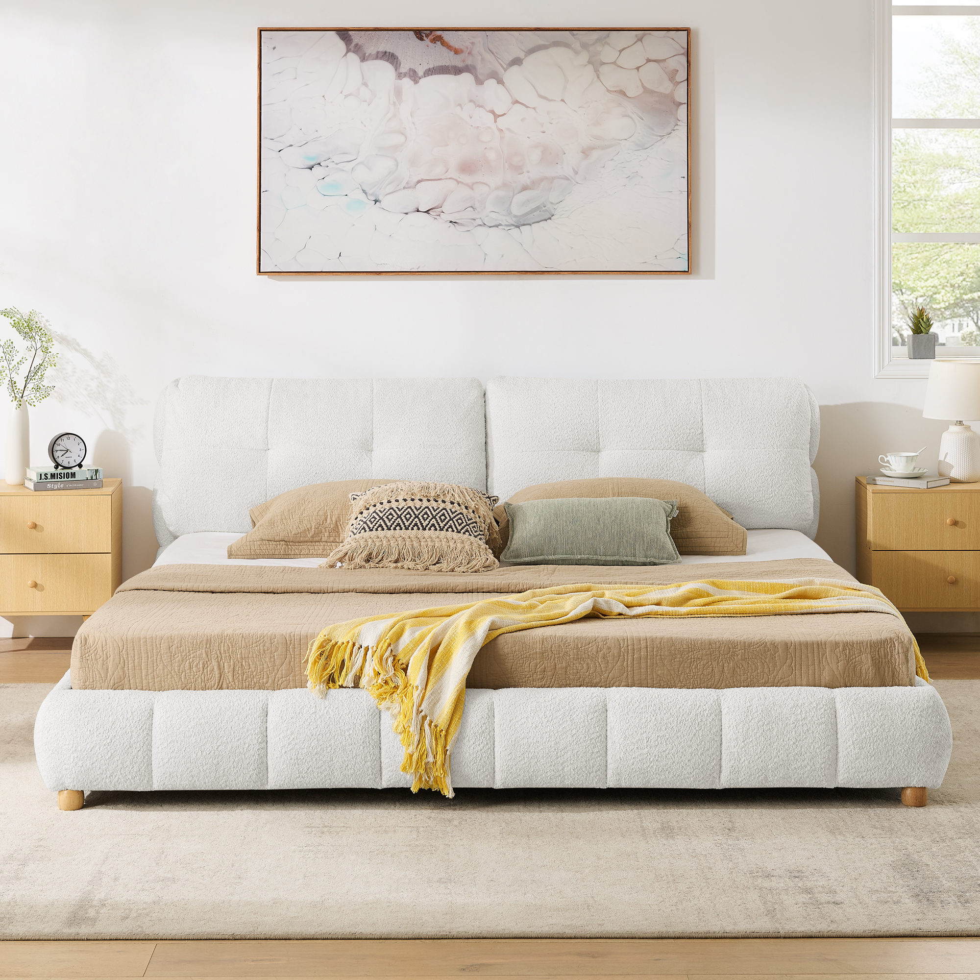 King Cream Style Bouclé Fabric Platform Bed, Soft Cloud-Like Upholstered Frame with Solid Wood Legs, No Box Spring Needed - Image 3
