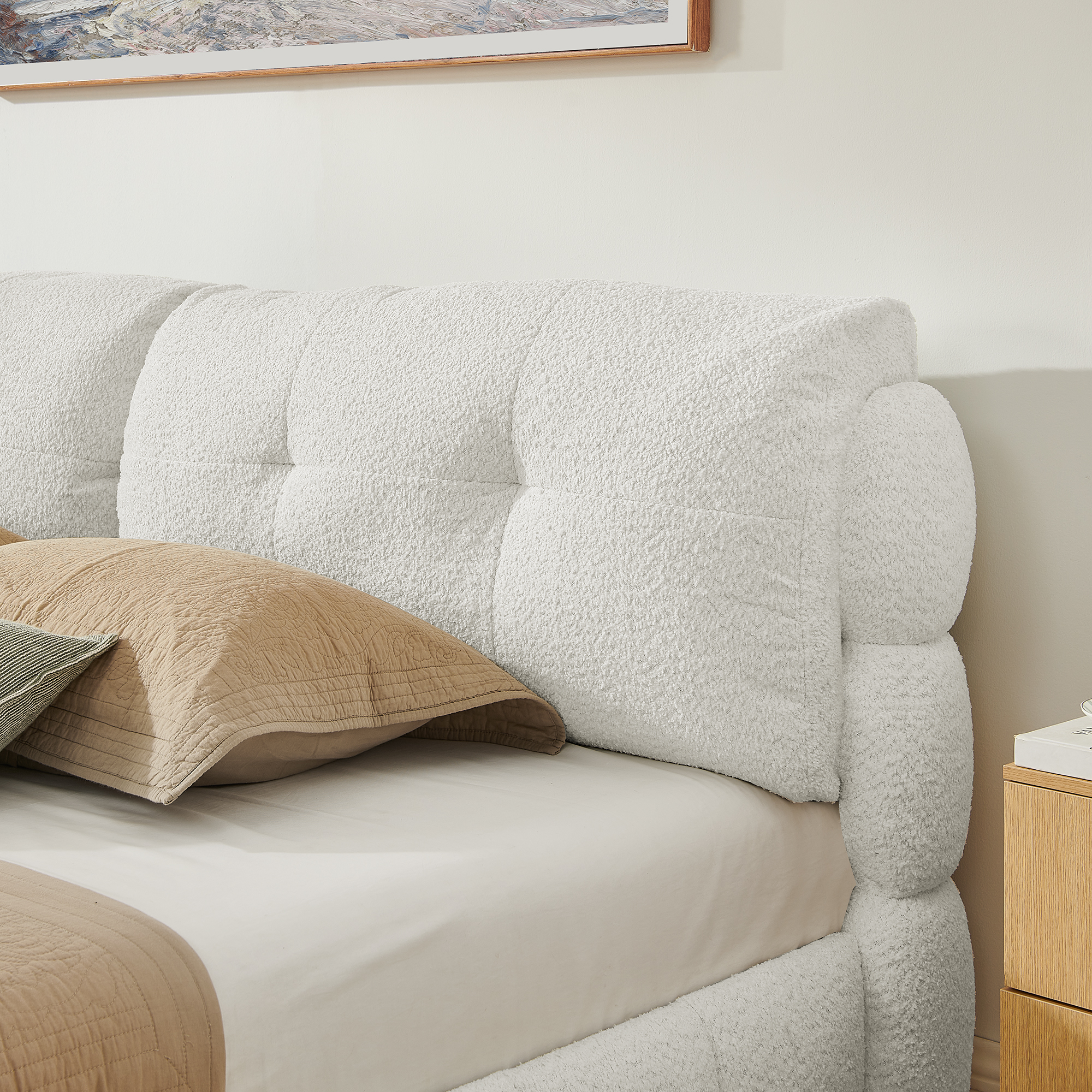 King Cream Style Bouclé Fabric Platform Bed, Soft Cloud-Like Upholstered Frame with Solid Wood Legs, No Box Spring Needed - Image 4