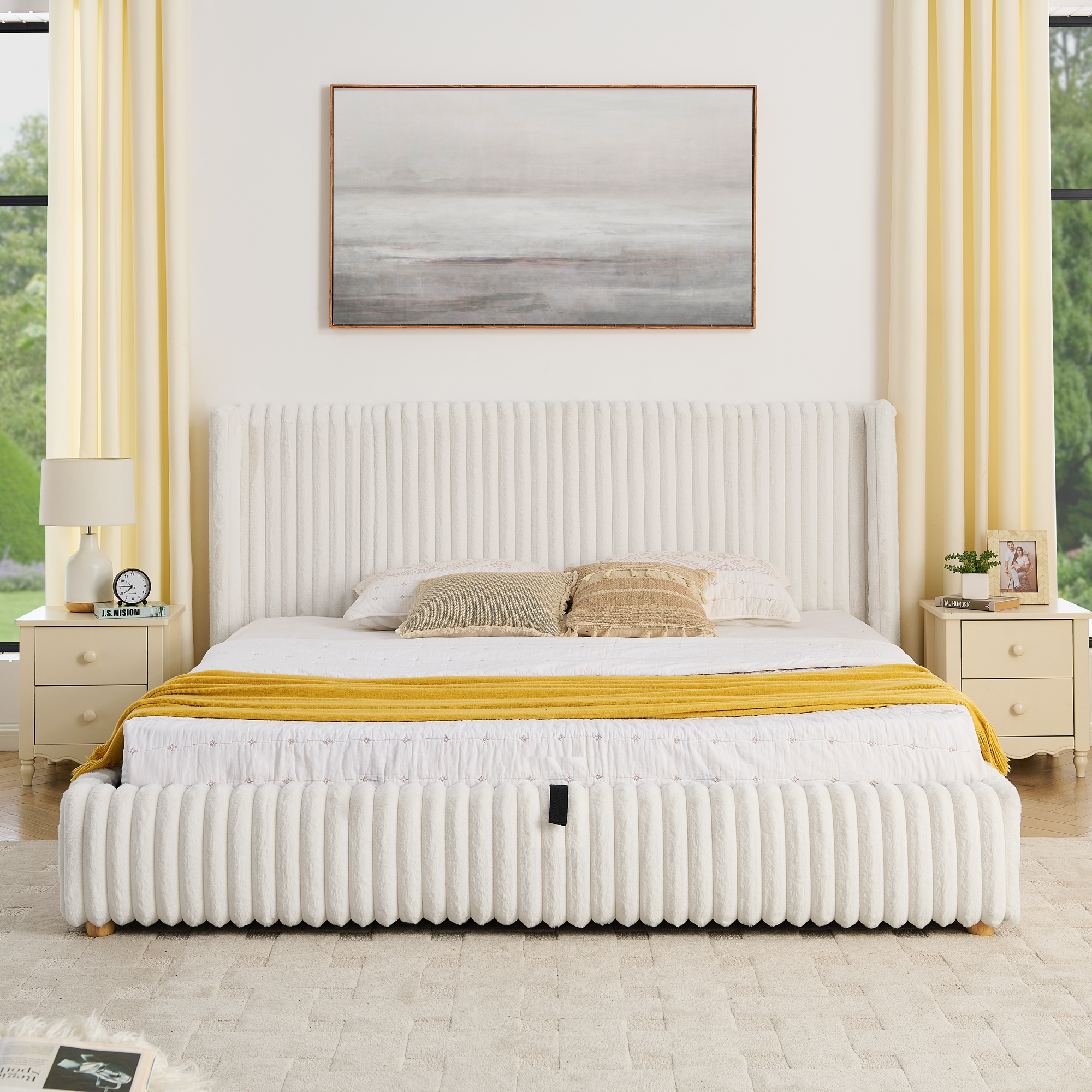 King Functional Vertical Striped Bed with Gas Lift Storage, Luxury Fluffy Rabbit Fur Fabric Up-holstered Double Bed - Image 1