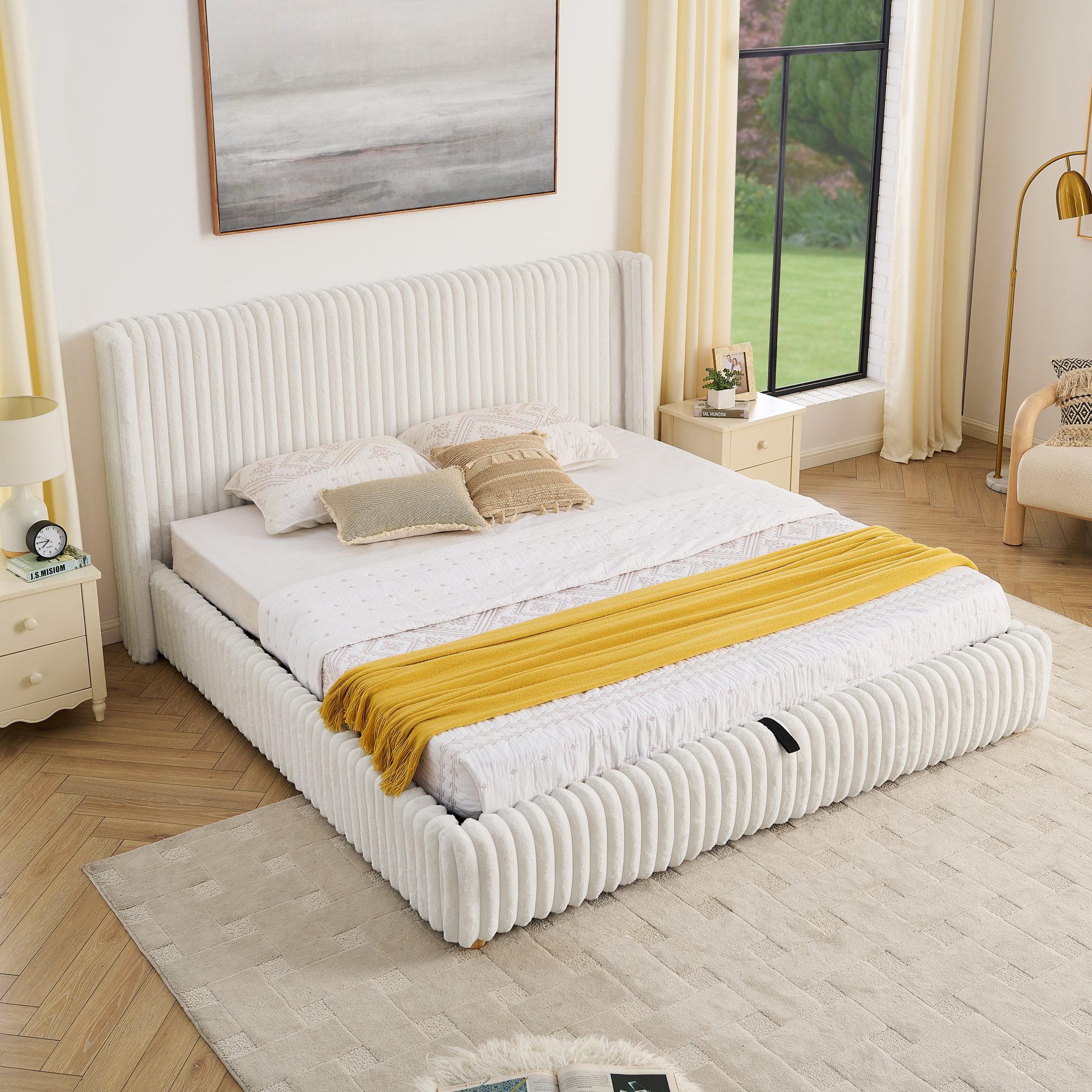 King Functional Vertical Striped Bed with Gas Lift Storage, Luxury Fluffy Rabbit Fur Fabric Up-holstered Double Bed - Image 2