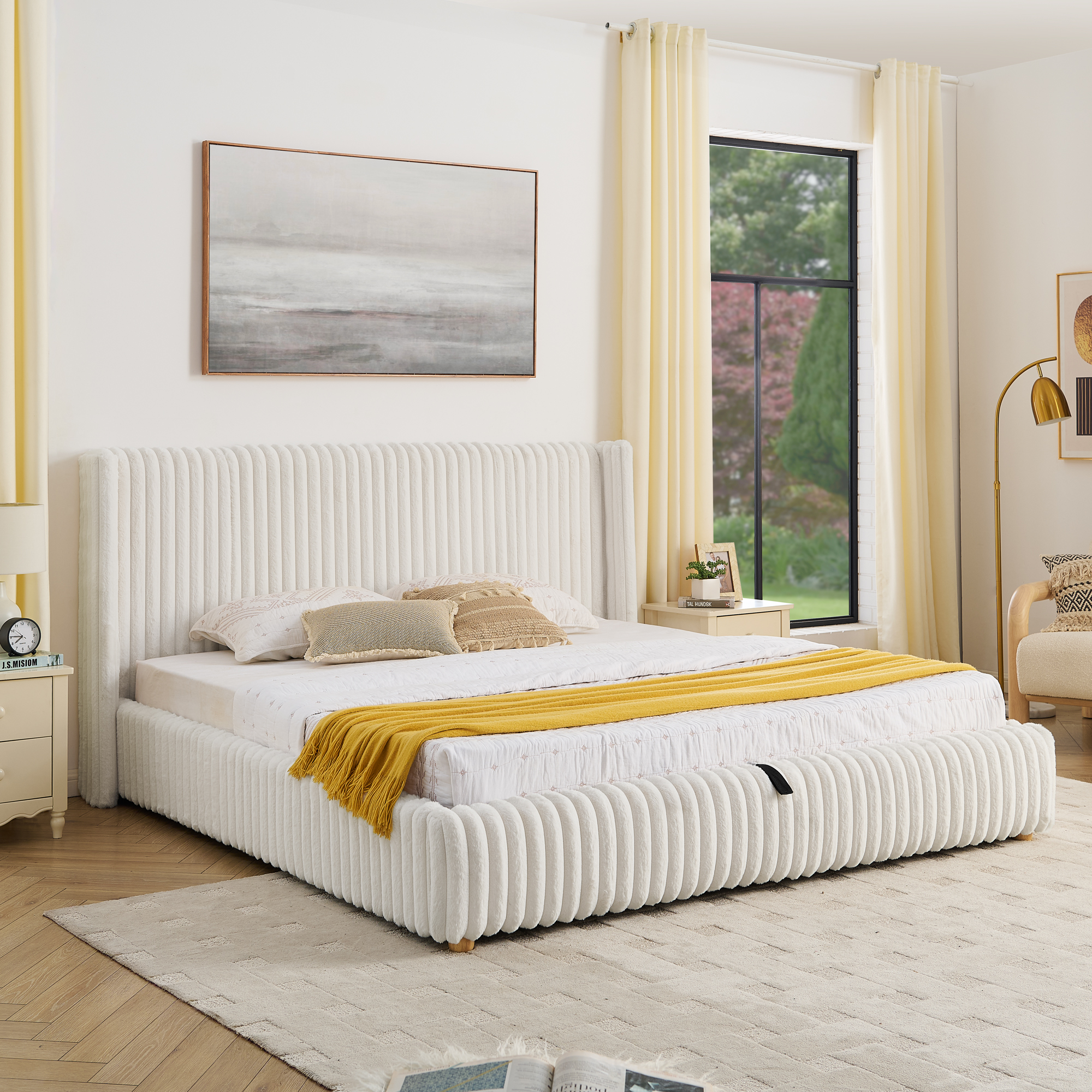 King Functional Vertical Striped Bed with Gas Lift Storage, Luxury Fluffy Rabbit Fur Fabric Up-holstered Double Bed - Image 3