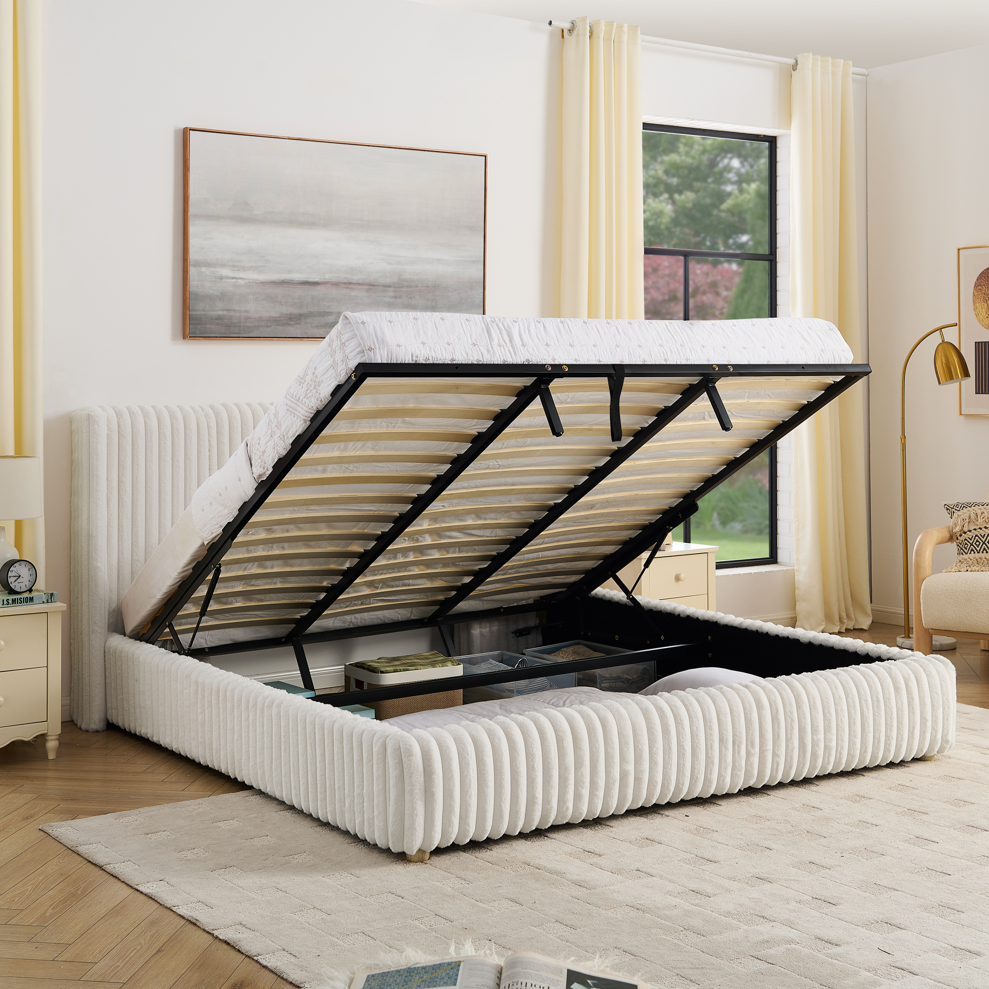 King Functional Vertical Striped Bed with Gas Lift Storage, Luxury Fluffy Rabbit Fur Fabric Up-holstered Double Bed - Image 4