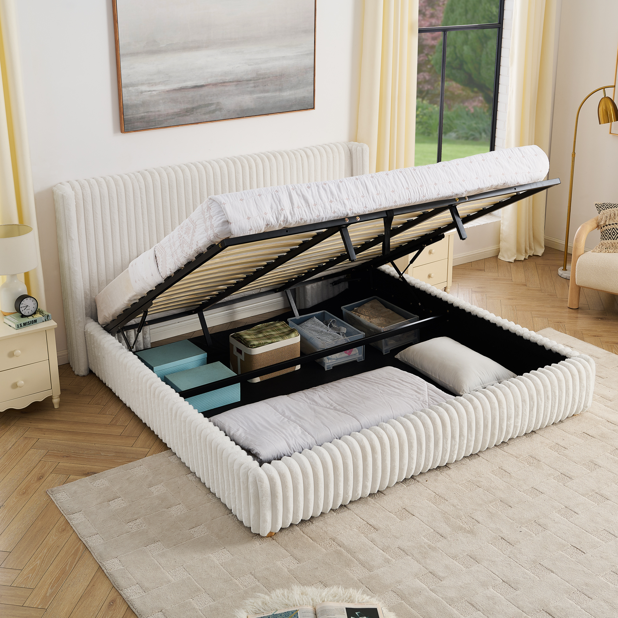 King Functional Vertical Striped Bed with Gas Lift Storage, Luxury Fluffy Rabbit Fur Fabric Up-holstered Double Bed - Image 5