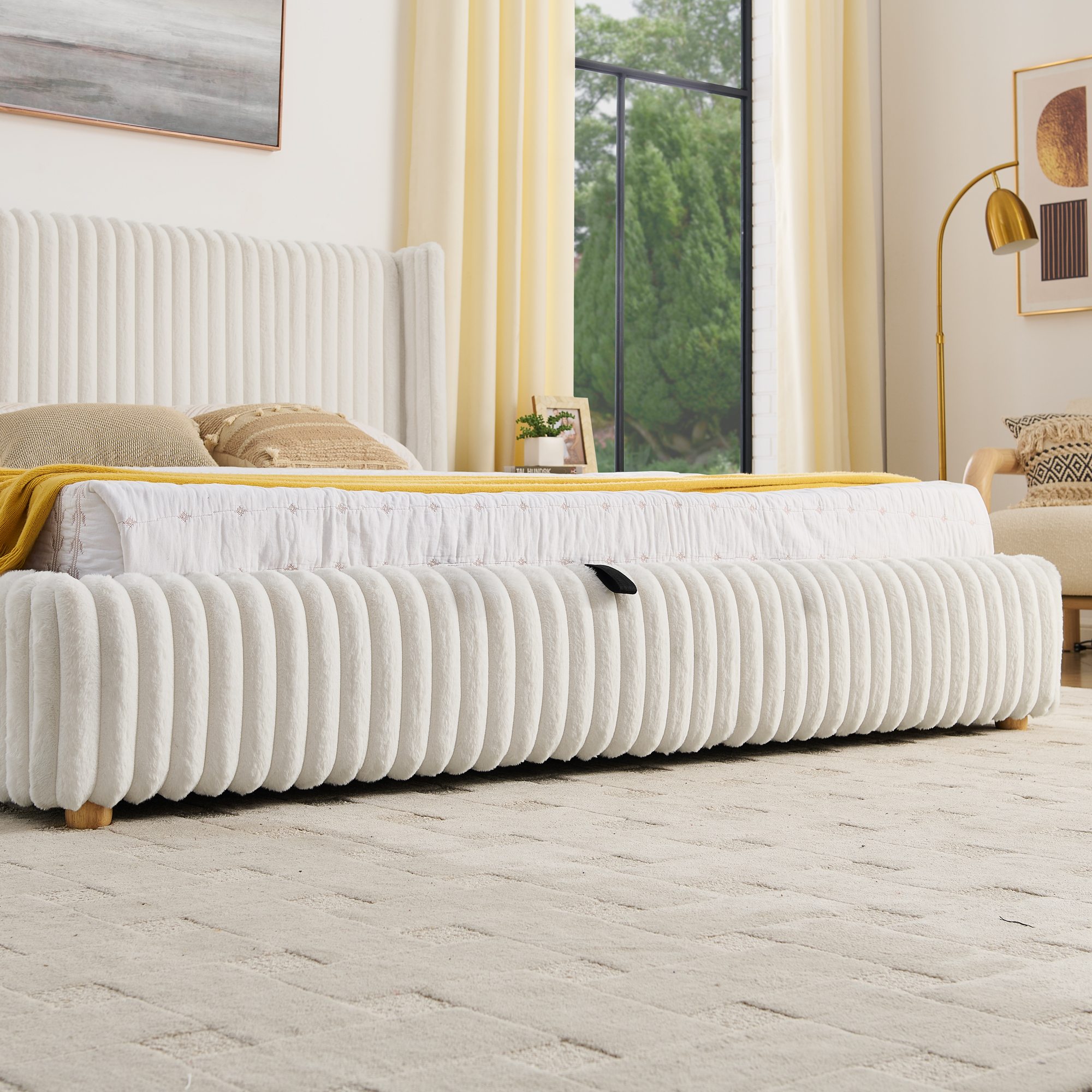 King Functional Vertical Striped Bed with Gas Lift Storage, Luxury Fluffy Rabbit Fur Fabric Up-holstered Double Bed - Image 6