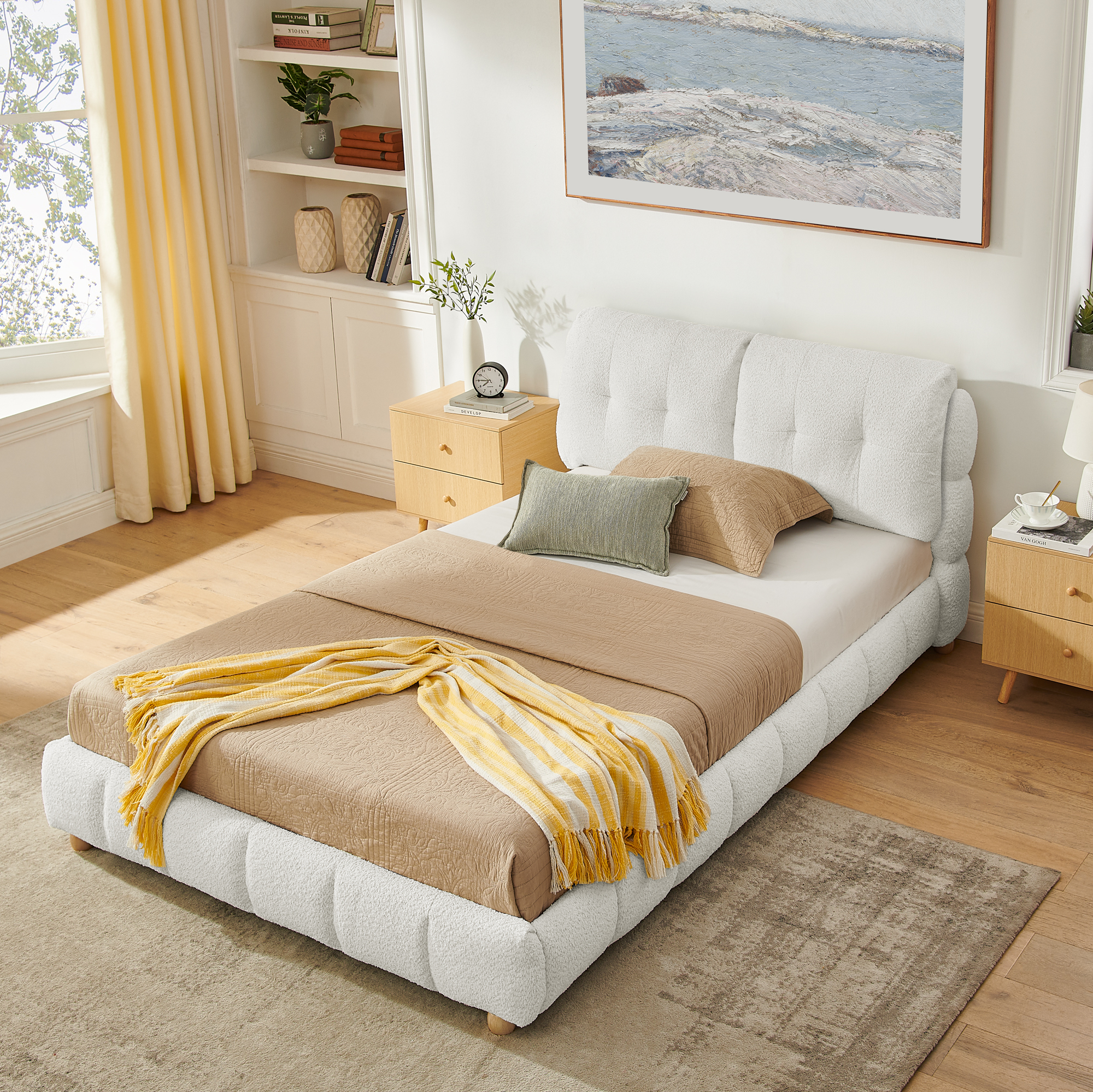 Queen Cream Style Bouclé Fabric Platform Bed, Soft Cloud-Like Upholstered Frame with Solid Wood Legs, No Box Spring Needed - Image 1