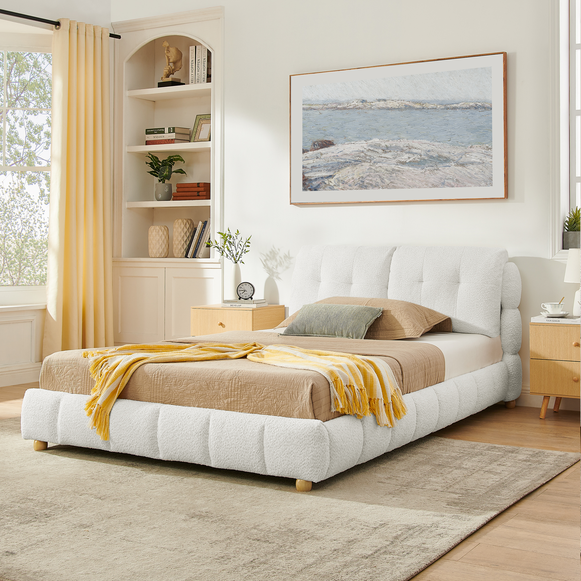 Queen Cream Style Bouclé Fabric Platform Bed, Soft Cloud-Like Upholstered Frame with Solid Wood Legs, No Box Spring Needed - Image 2
