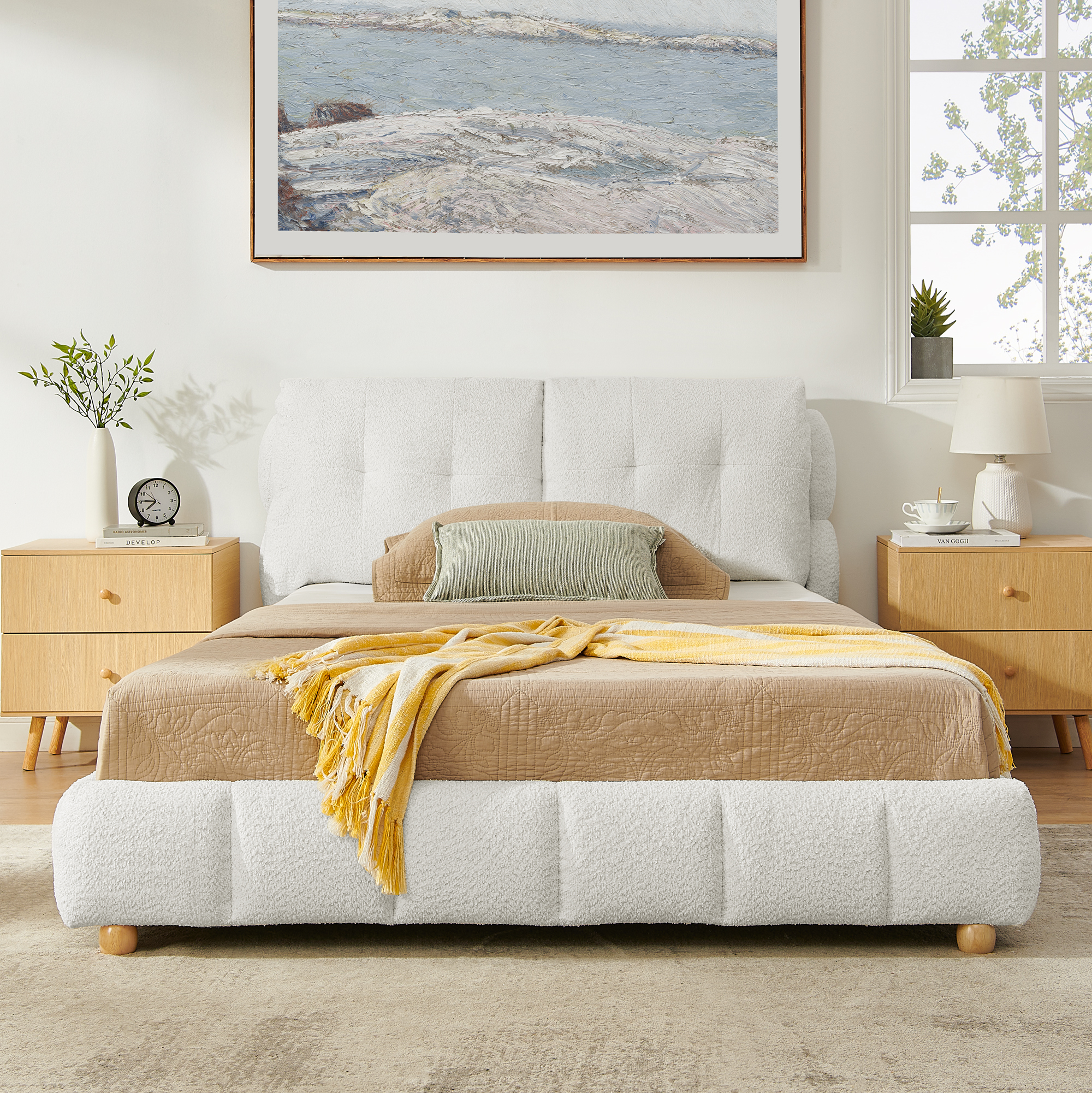 Queen Cream Style Bouclé Fabric Platform Bed, Soft Cloud-Like Upholstered Frame with Solid Wood Legs, No Box Spring Needed - Image 3