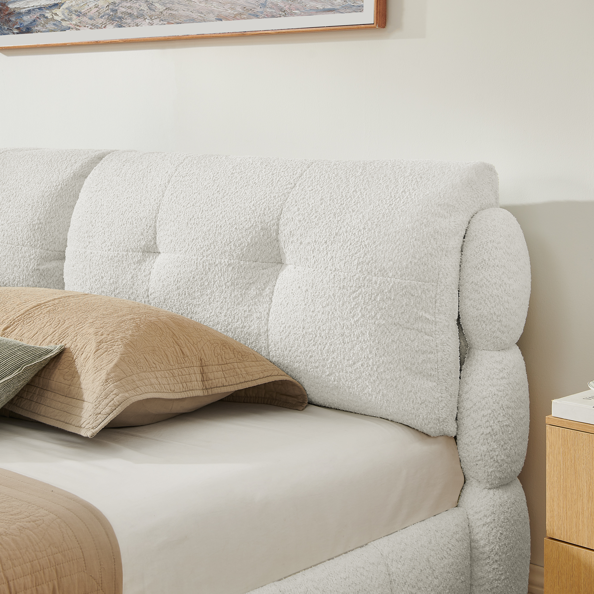 Queen Cream Style Bouclé Fabric Platform Bed, Soft Cloud-Like Upholstered Frame with Solid Wood Legs, No Box Spring Needed - Image 4