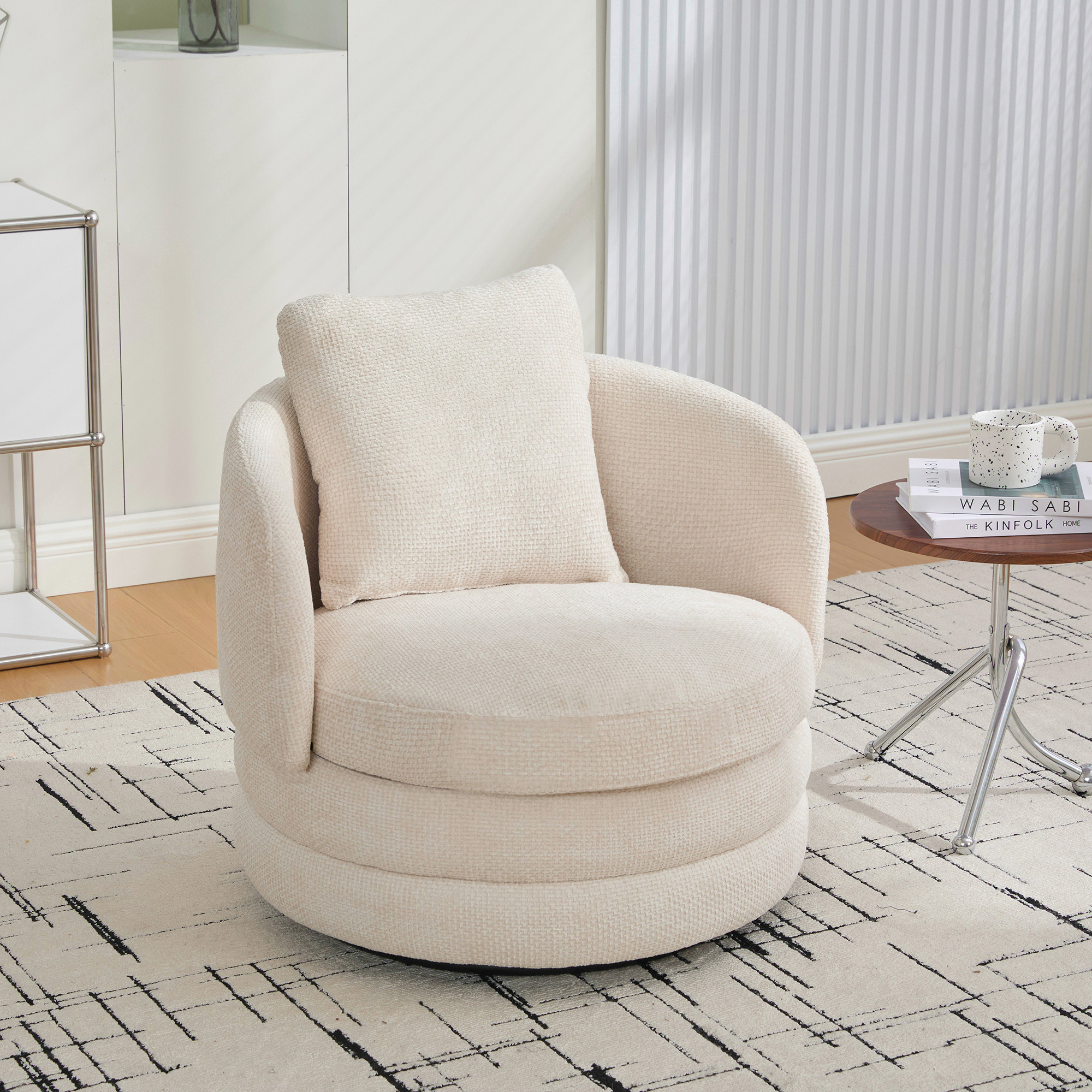 30"W Modern Round 360° Swivel Barrel Accent Chair with Pillow, Chenille Upholstered Comfy Barrel Armchair Single Club Sofa Chair for Living Room,Bedroom, Reading Room, Balcony, Lounge,Beige - Image 2