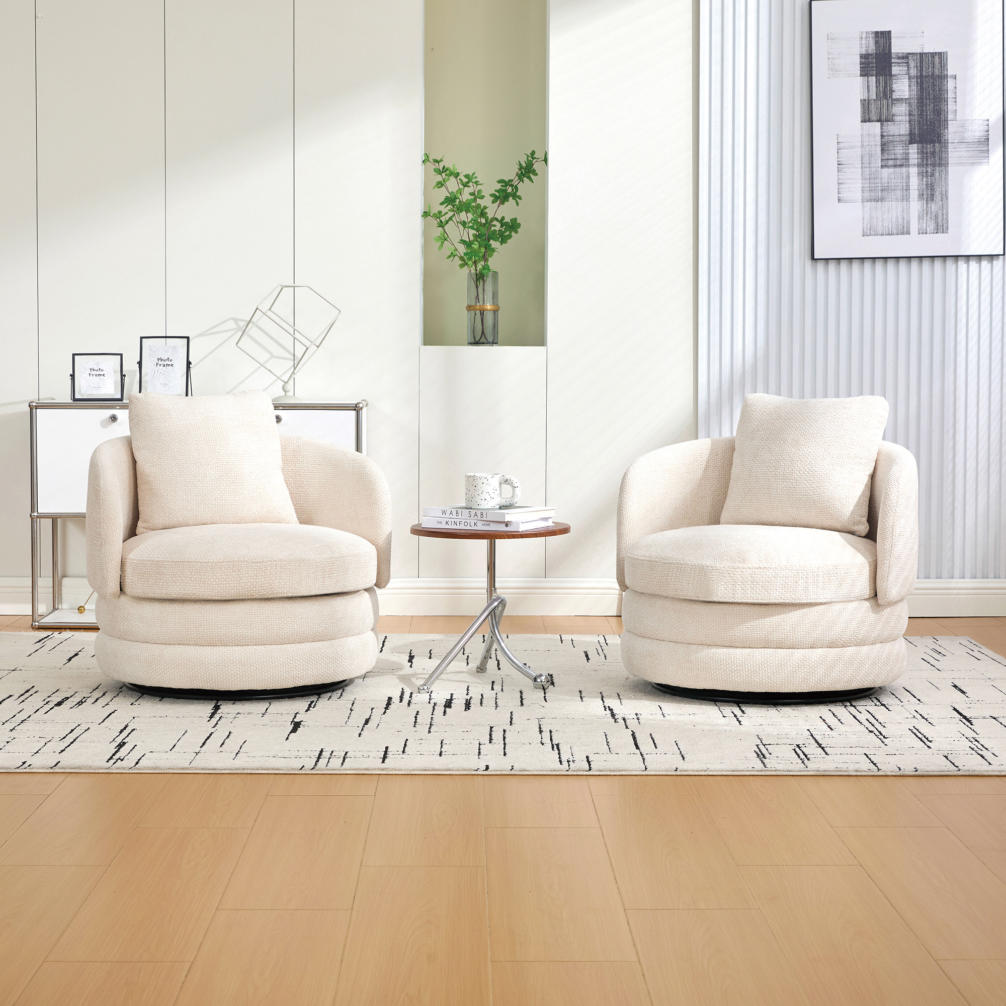 30"W Modern Round 360° Swivel Barrel Accent Chair with Pillow, Chenille Upholstered Comfy Barrel Armchair Single Club Sofa Chair for Living Room,Bedroom, Reading Room, Balcony, Lounge,Beige - Image 3