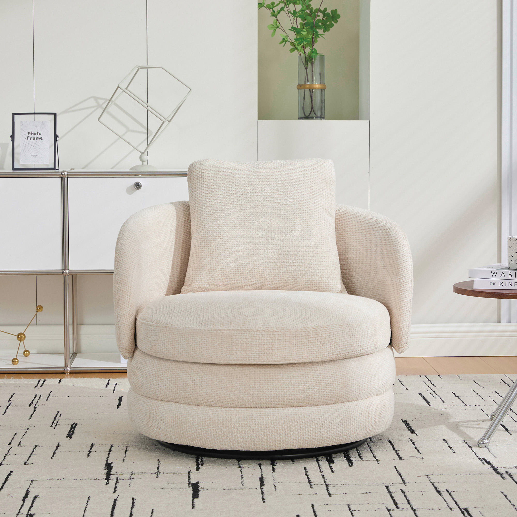 30"W Modern Round 360° Swivel Barrel Accent Chair with Pillow, Chenille Upholstered Comfy Barrel Armchair Single Club Sofa Chair for Living Room,Bedroom, Reading Room, Balcony, Lounge,Beige - Image 4