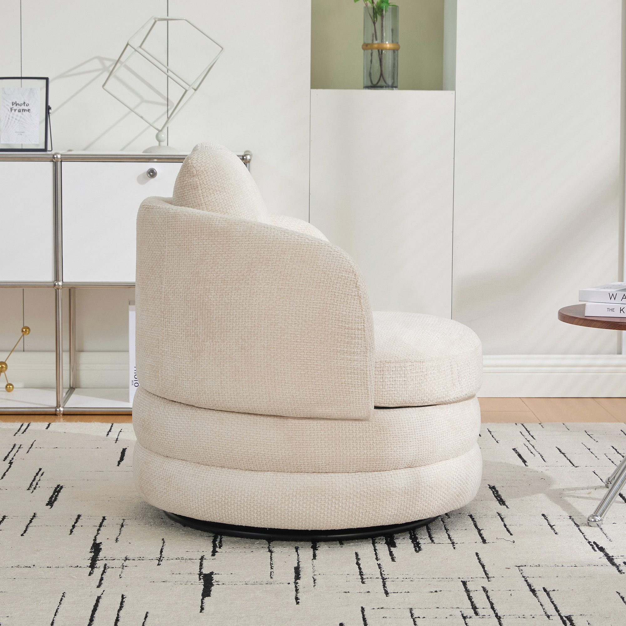 30"W Modern Round 360° Swivel Barrel Accent Chair with Pillow, Chenille Upholstered Comfy Barrel Armchair Single Club Sofa Chair for Living Room,Bedroom, Reading Room, Balcony, Lounge,Beige - Image 6