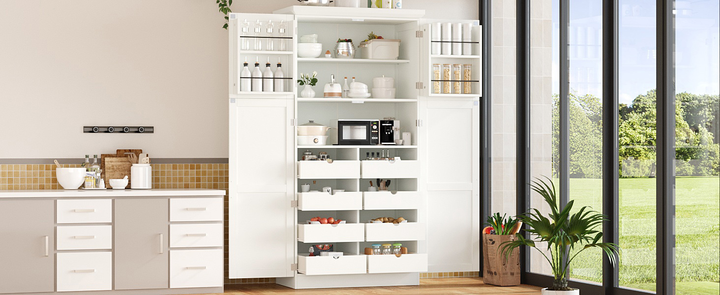 [Assembly Video Provided] TOPMAX 35.5x17.6x70.9inch Freestanding Kitchen Pantry Cabinet, Tall Storage Cabinet with 4 Doors, 2 Door Shelves, 8 Pull-out Trays and Adjustable Shelf for Dining Room, White - Image 3
