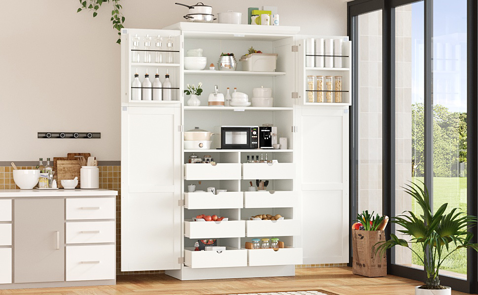 [Assembly Video Provided] TOPMAX 35.5x17.6x70.9inch Freestanding Kitchen Pantry Cabinet, Tall Storage Cabinet with 4 Doors, 2 Door Shelves, 8 Pull-out Trays and Adjustable Shelf for Dining Room, White - Image 2